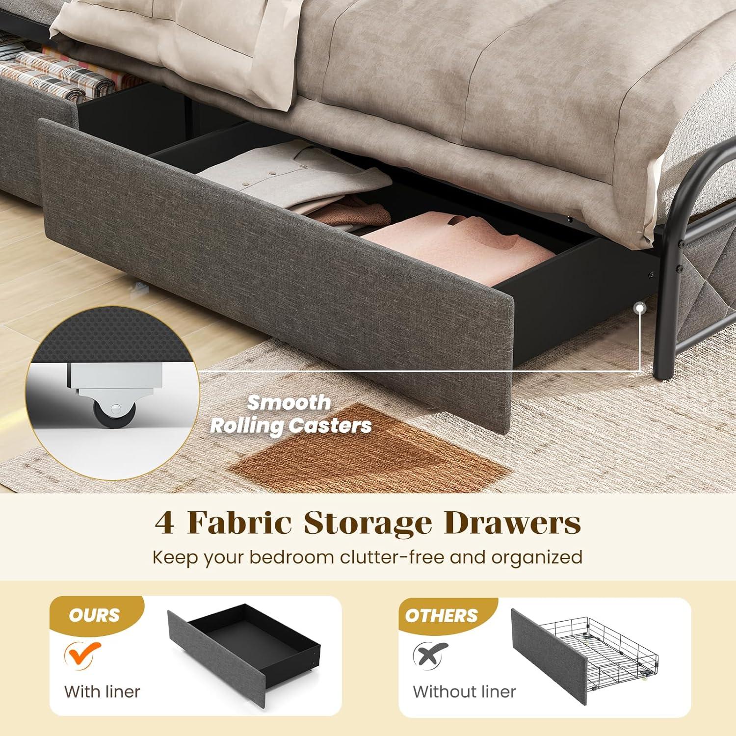 image:imageGiantex Full Size Bed Frame with 4 Storage Drawers and Charging Station Metal Full Platform Bed wLED Lights amp Linen Upholstered Headboard No Box Spring Needed Full Storage Bed Gold amp BeigeBlack Grey