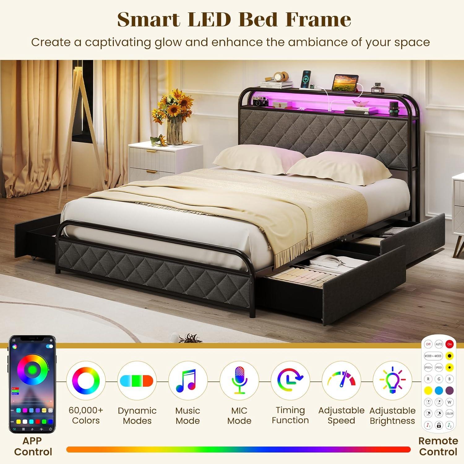 image:imageGiantex Full Size Bed Frame with 4 Storage Drawers and Charging Station Metal Full Platform Bed wLED Lights amp Linen Upholstered Headboard No Box Spring Needed Full Storage Bed Gold amp BeigeBlack Grey