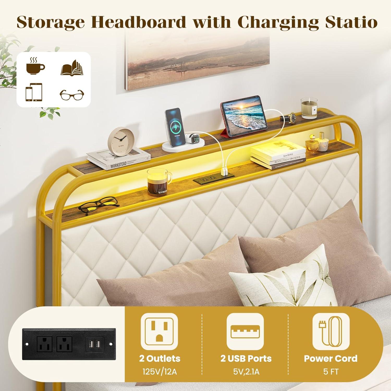 image:imageGiantex Full Size Bed Frame with 4 Storage Drawers and Charging Station Metal Full Platform Bed wLED Lights amp Linen Upholstered Headboard No Box Spring Needed Full Storage Bed Gold amp BeigeGold Beige