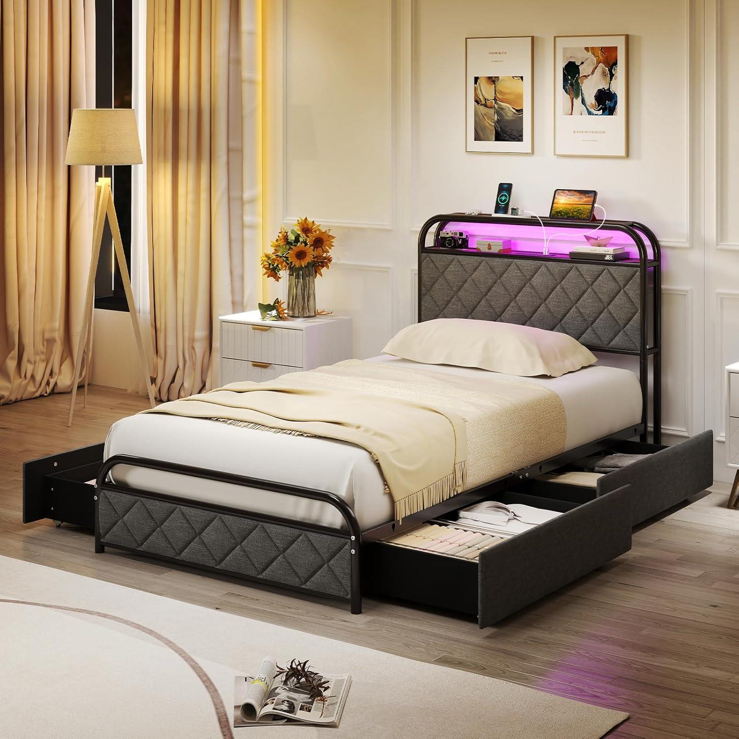 image:imageGiantex Full Size Bed Frame with 4 Storage Drawers and Charging Station Metal Full Platform Bed wLED Lights amp Linen Upholstered Headboard No Box Spring Needed Full Storage Bed Gold amp BeigeBlack Grey