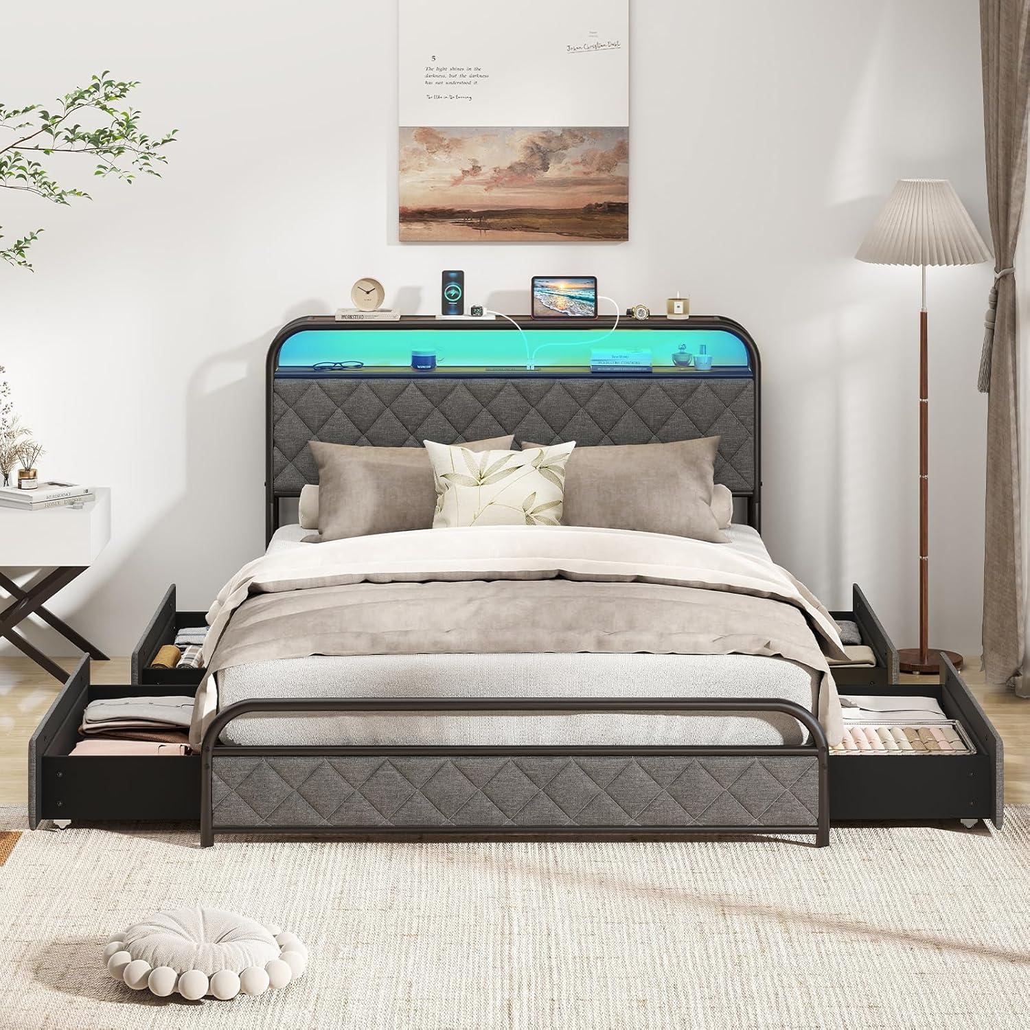 image:imageGiantex Full Size Bed Frame with 4 Storage Drawers and Charging Station Metal Full Platform Bed wLED Lights amp Linen Upholstered Headboard No Box Spring Needed Full Storage Bed Gold amp BeigeBlack Grey