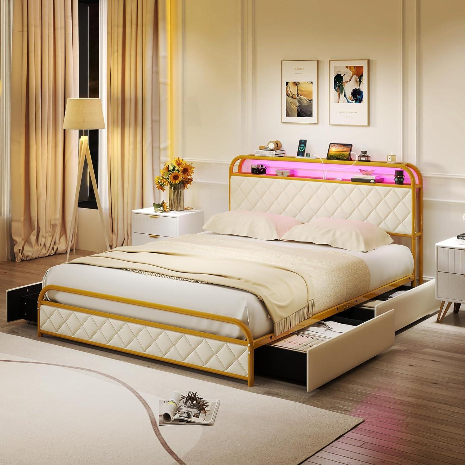 image:imageGiantex Full Size Bed Frame with 4 Storage Drawers and Charging Station Metal Full Platform Bed wLED Lights amp Linen Upholstered Headboard No Box Spring Needed Full Storage Bed Gold amp BeigeGold Beige