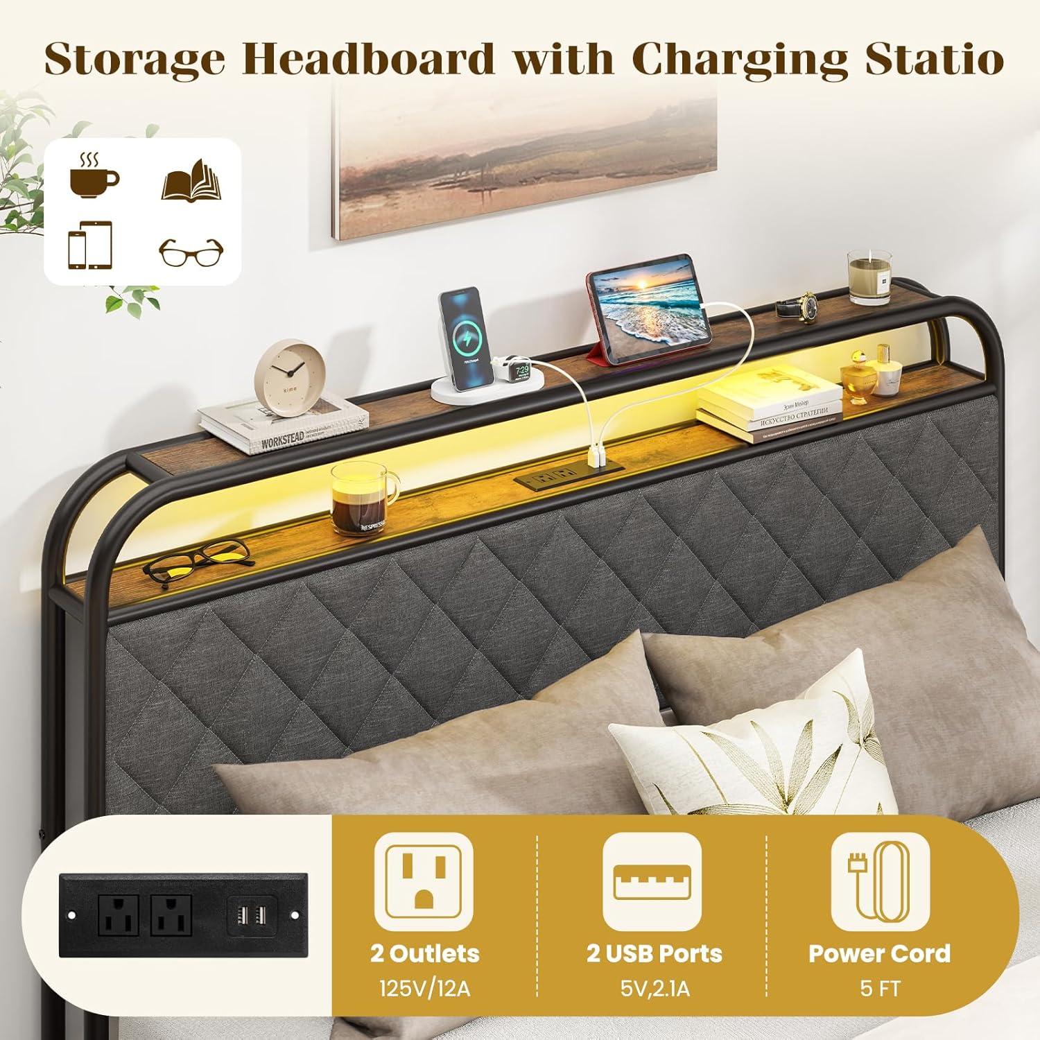 image:imageGiantex Full Size Bed Frame with 4 Storage Drawers and Charging Station Metal Full Platform Bed wLED Lights amp Linen Upholstered Headboard No Box Spring Needed Full Storage Bed Gold amp BeigeBlack Grey