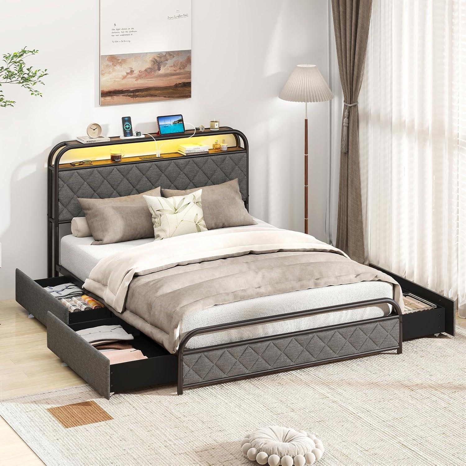 image:imageGiantex Full Size Bed Frame with 4 Storage Drawers and Charging Station Metal Full Platform Bed wLED Lights amp Linen Upholstered Headboard No Box Spring Needed Full Storage Bed Gold amp BeigeBlack Grey
