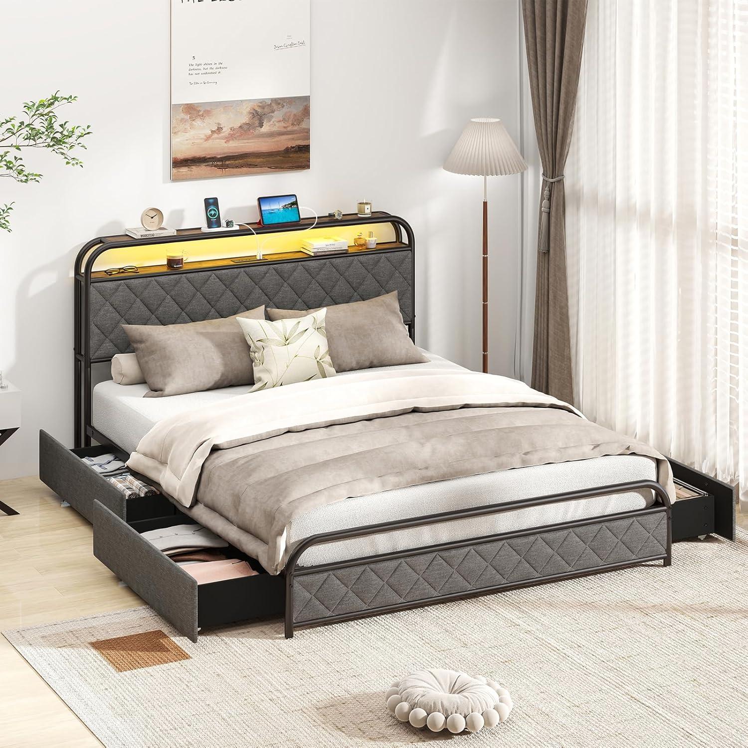 image:imageGiantex Full Size Bed Frame with 4 Storage Drawers and Charging Station Metal Full Platform Bed wLED Lights amp Linen Upholstered Headboard No Box Spring Needed Full Storage Bed Gold amp BeigeBlack Grey