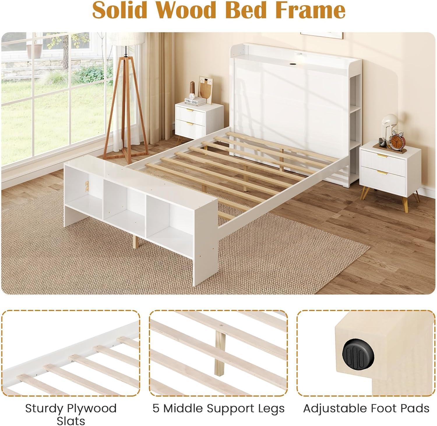 image:imageGiantex Full Size Bed Frame with Storage Headboard amp Footboard Solid Wood LED Bed wCharging Station White Full Bed Frame for Kids Teens amp Adults No Box Spring Needed WhiteFull