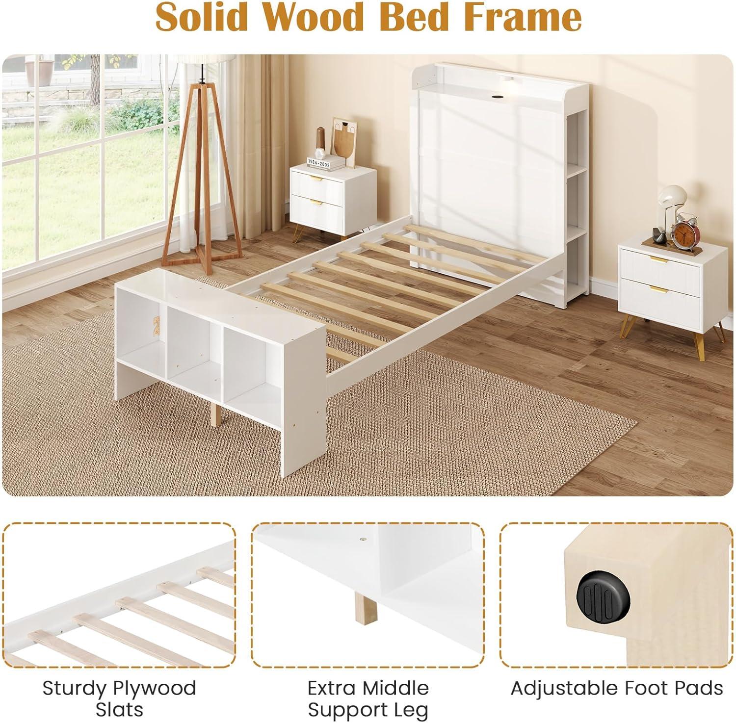 image:imageGiantex Full Size Bed Frame with Storage Headboard amp Footboard Solid Wood LED Bed wCharging Station White Full Bed Frame for Kids Teens amp Adults No Box Spring Needed WhiteTwin