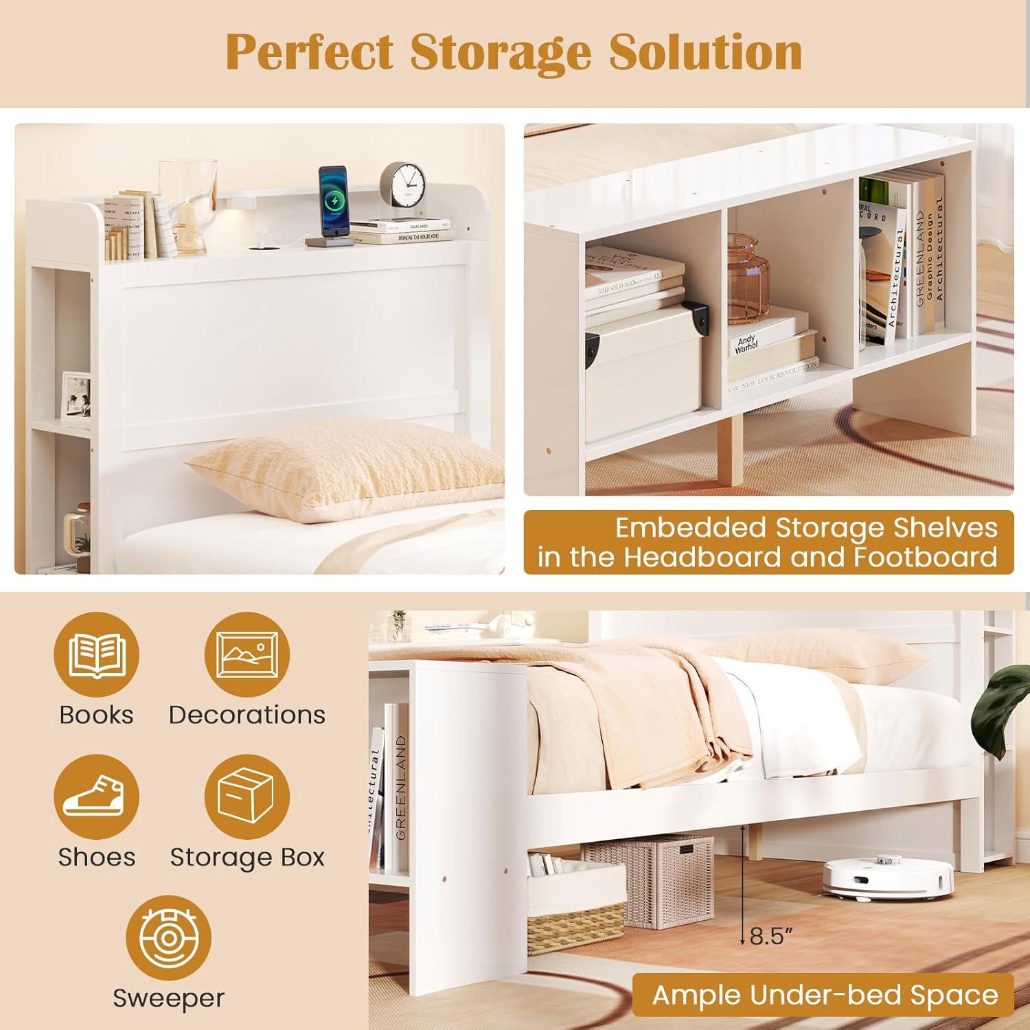 image:imageGiantex Full Size Bed Frame with Storage Headboard amp Footboard Solid Wood LED Bed wCharging Station White Full Bed Frame for Kids Teens amp Adults No Box Spring Needed WhiteTwin
