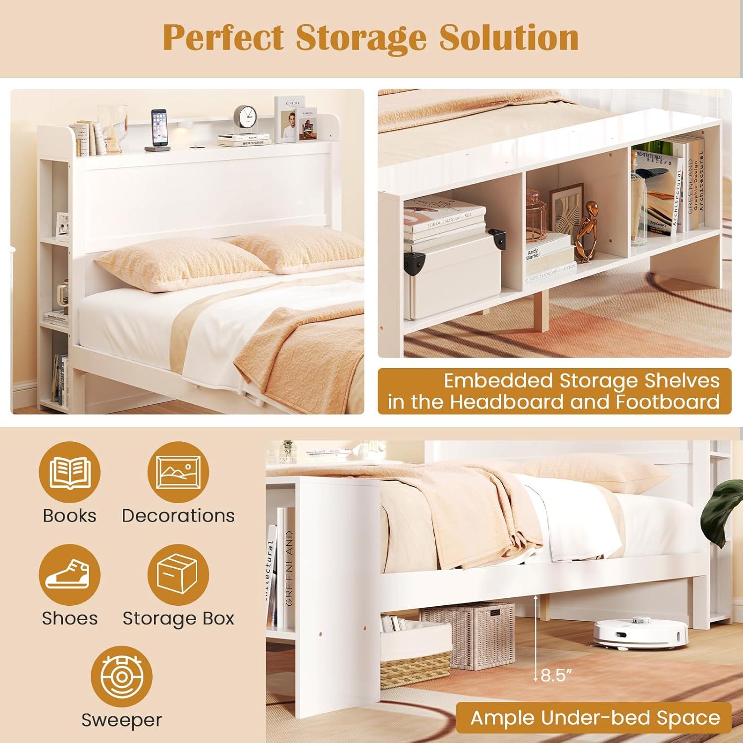 image:imageGiantex Full Size Bed Frame with Storage Headboard amp Footboard Solid Wood LED Bed wCharging Station White Full Bed Frame for Kids Teens amp Adults No Box Spring Needed WhiteFull