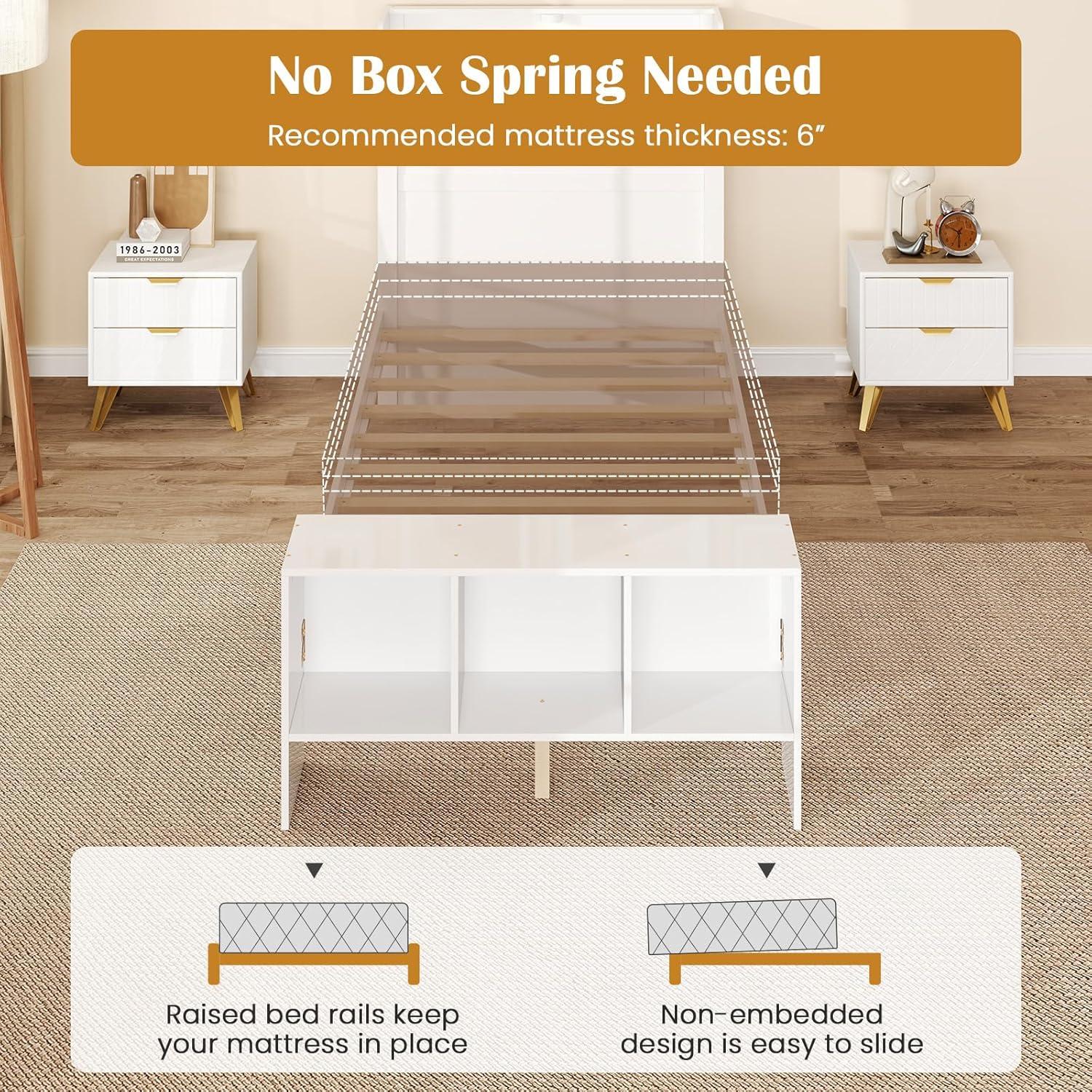 image:imageGiantex Full Size Bed Frame with Storage Headboard amp Footboard Solid Wood LED Bed wCharging Station White Full Bed Frame for Kids Teens amp Adults No Box Spring Needed WhiteTwin
