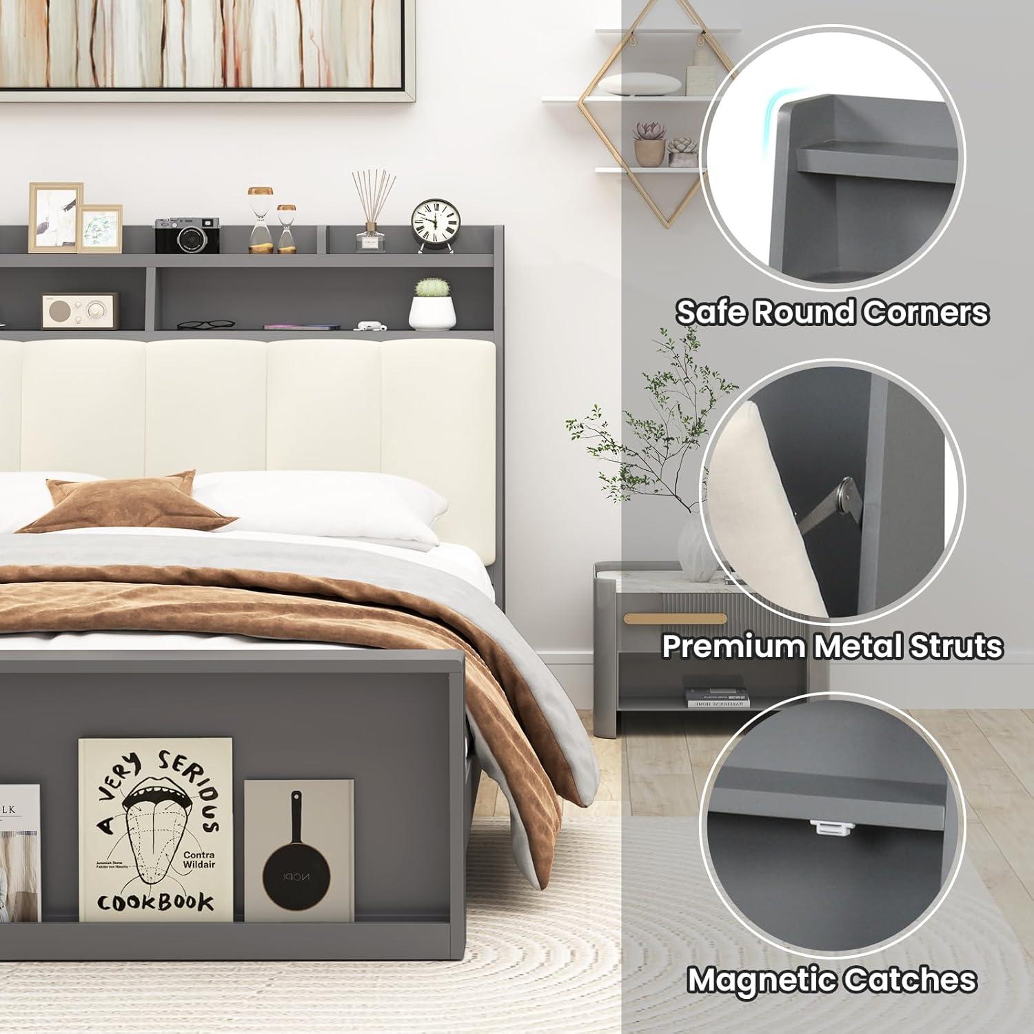 image:imageGiantex Full Size Bed Frame with Storage Modern Platform Bed with Upholstered Headboard amp Storage Footboard Wood Full Bed with Wood Slat Support No Box Spring Needed Grey amp Beige