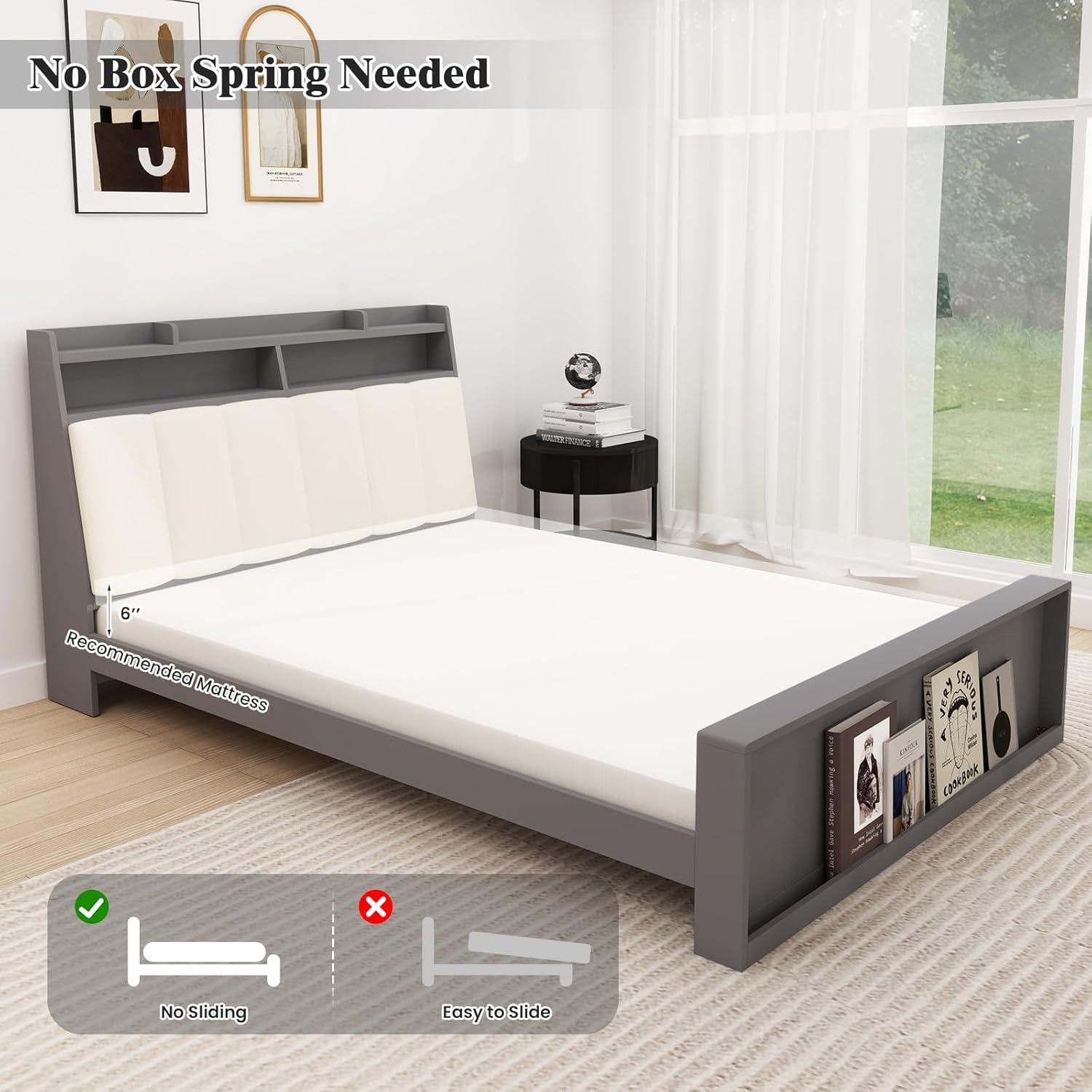 image:imageGiantex Full Size Bed Frame with Storage Modern Platform Bed with Upholstered Headboard amp Storage Footboard Wood Full Bed with Wood Slat Support No Box Spring Needed Grey amp Beige