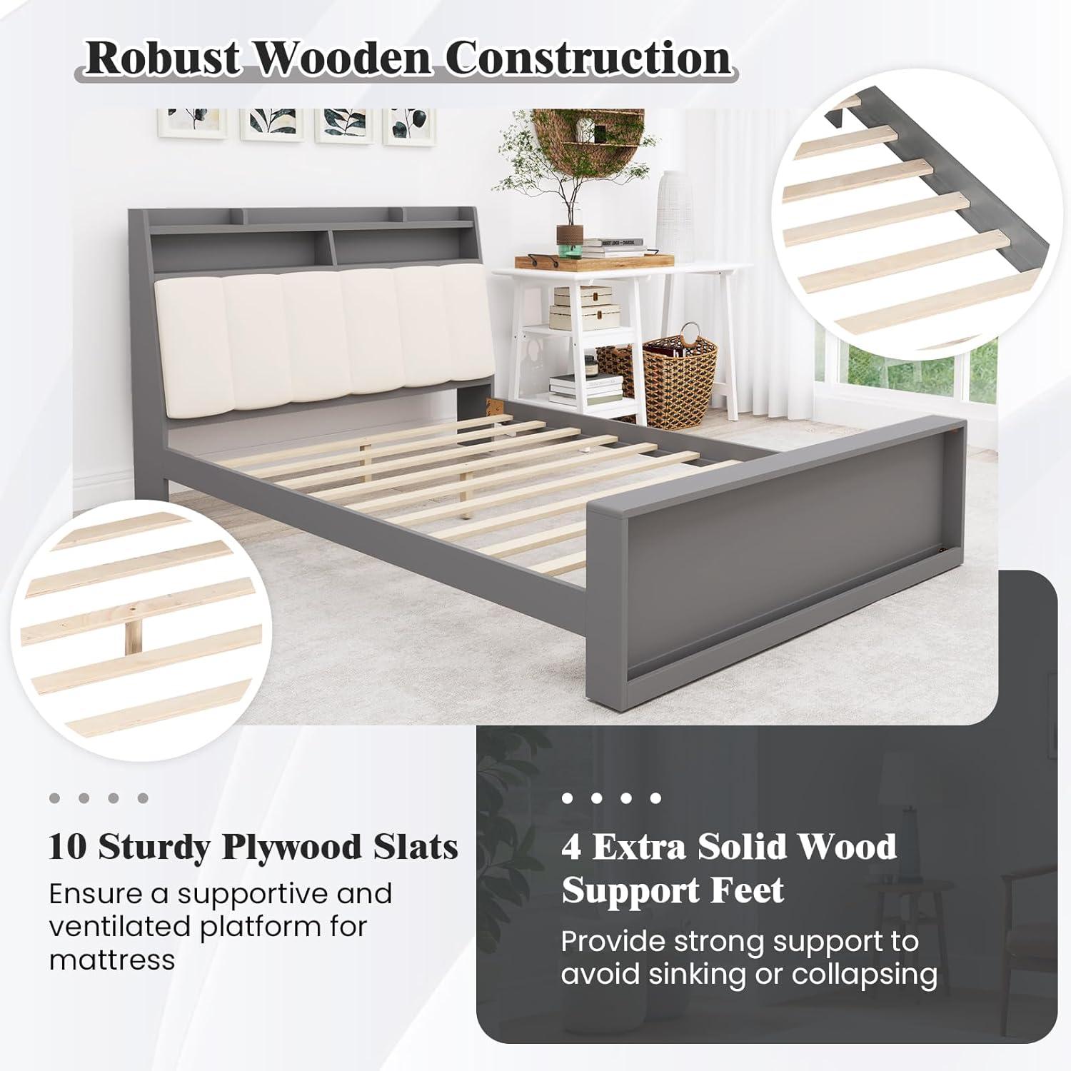 image:imageGiantex Full Size Bed Frame with Storage Modern Platform Bed with Upholstered Headboard amp Storage Footboard Wood Full Bed with Wood Slat Support No Box Spring Needed Grey amp Beige