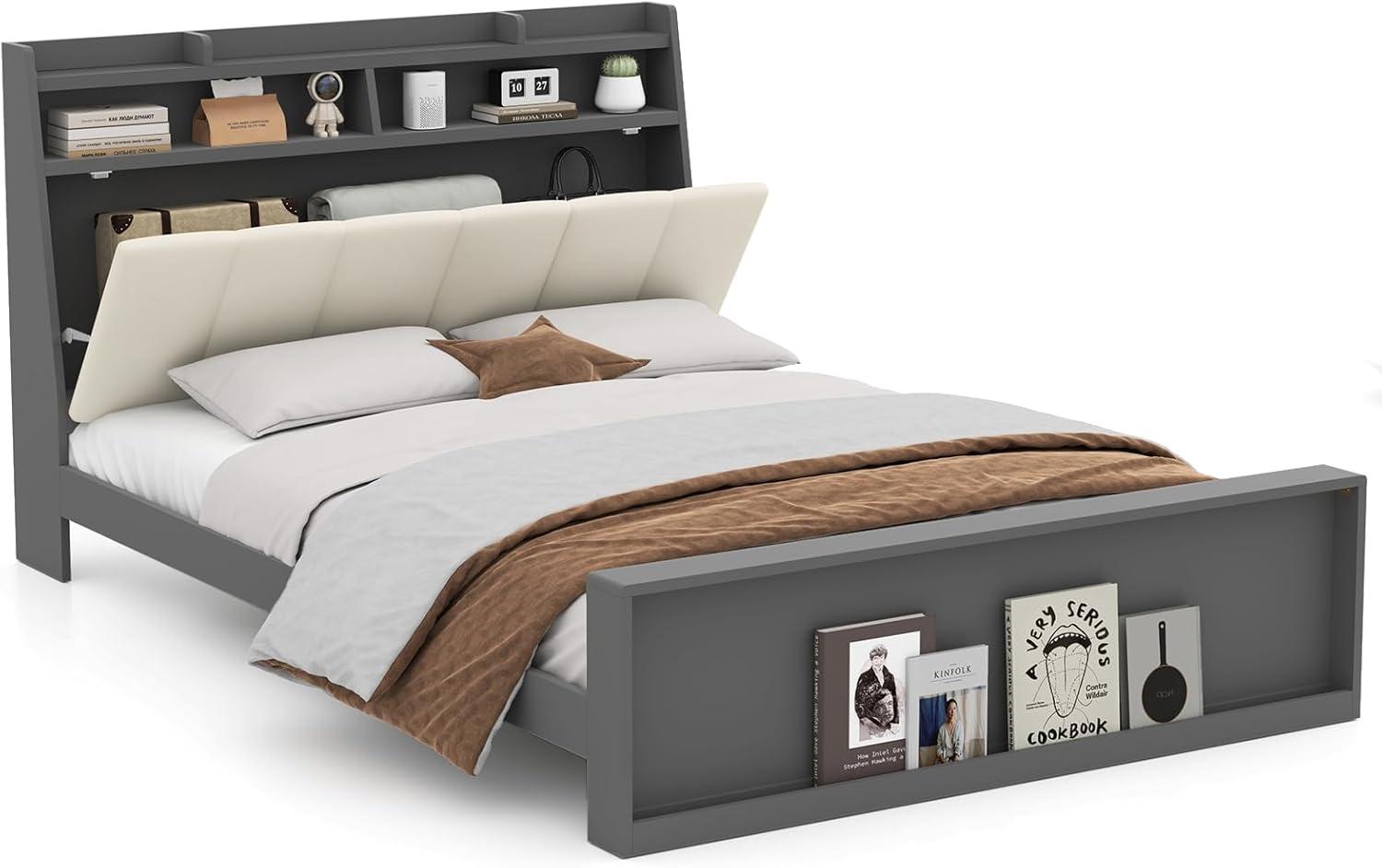 image:imageGiantex Full Size Bed Frame with Storage Modern Platform Bed with Upholstered Headboard amp Storage Footboard Wood Full Bed with Wood Slat Support No Box Spring Needed Grey amp Beige