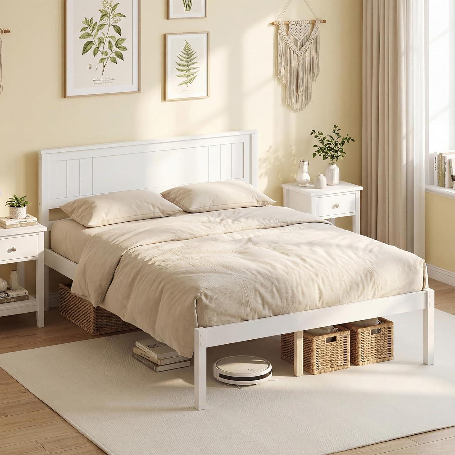 image:imageGiantex Full Size Wood Platform Bed with Headboard Mid Century Solid Wood Full Bed with Slat Support Double Bed Frame with 16 Under Bed Storage No Box Spring Needed Easy Assembly WalnutFull