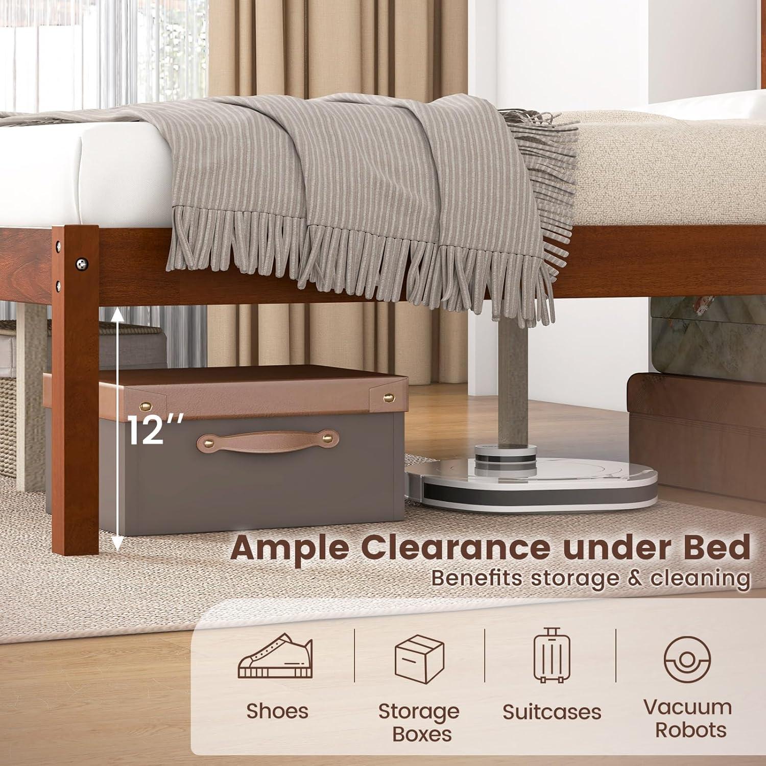 image:imageGiantex Full Size Wood Platform Bed with Headboard Mid Century Solid Wood Full Bed with Slat Support Double Bed Frame with 16 Under Bed Storage No Box Spring Needed Easy Assembly WalnutFull