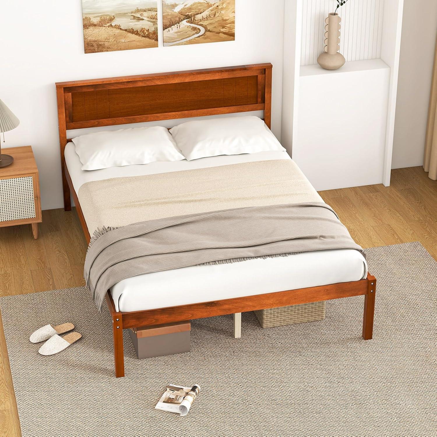 image:imageGiantex Full Size Wood Platform Bed with Headboard Mid Century Solid Wood Full Bed with Slat Support Double Bed Frame with 16 Under Bed Storage No Box Spring Needed Easy Assembly WalnutFull