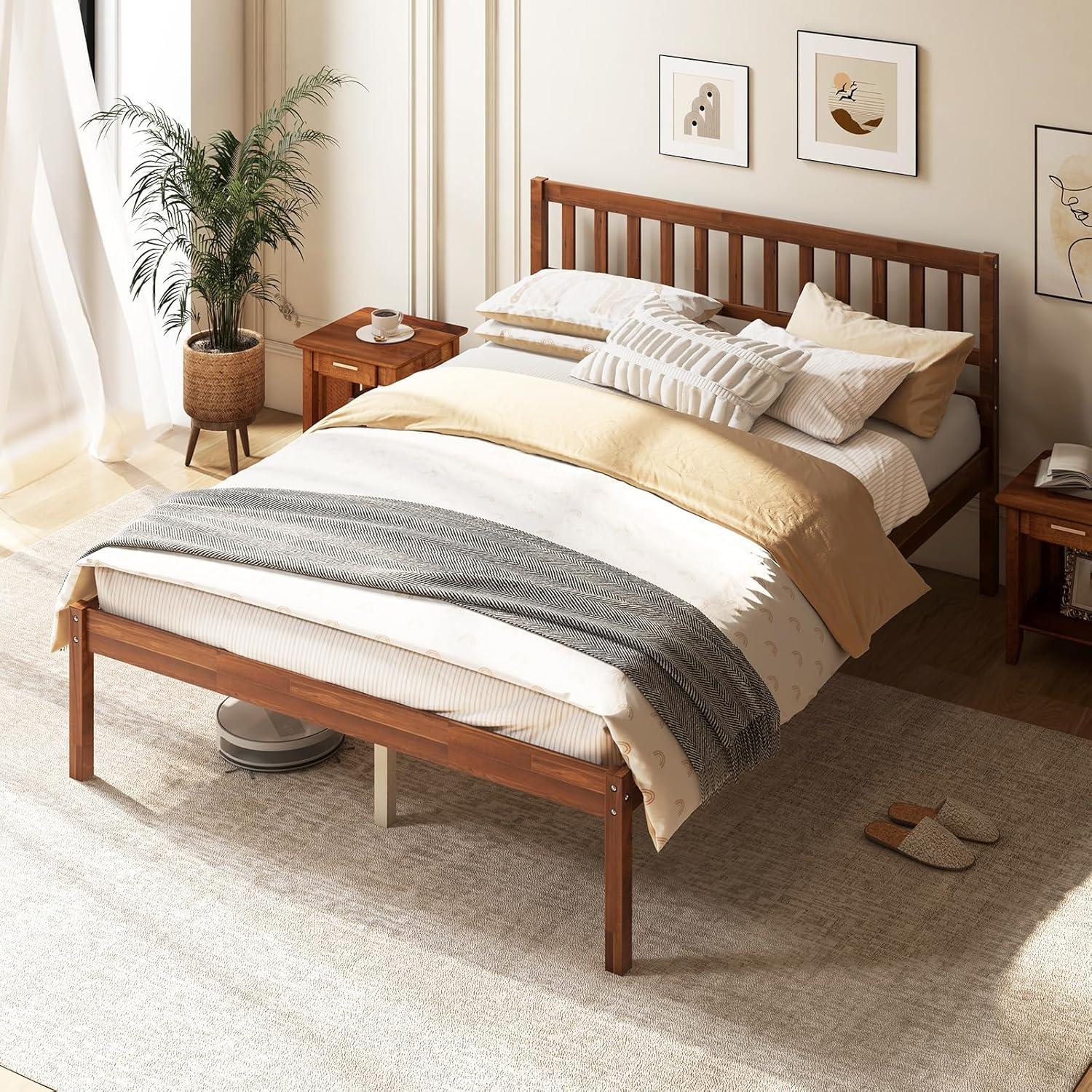 image:imageGiantex Full Size Wood Platform Bed with Headboard Mid Century Solid Wood Full Bed with Slat Support Double Bed Frame with 16 Under Bed Storage No Box Spring Needed Easy Assembly WalnutFull