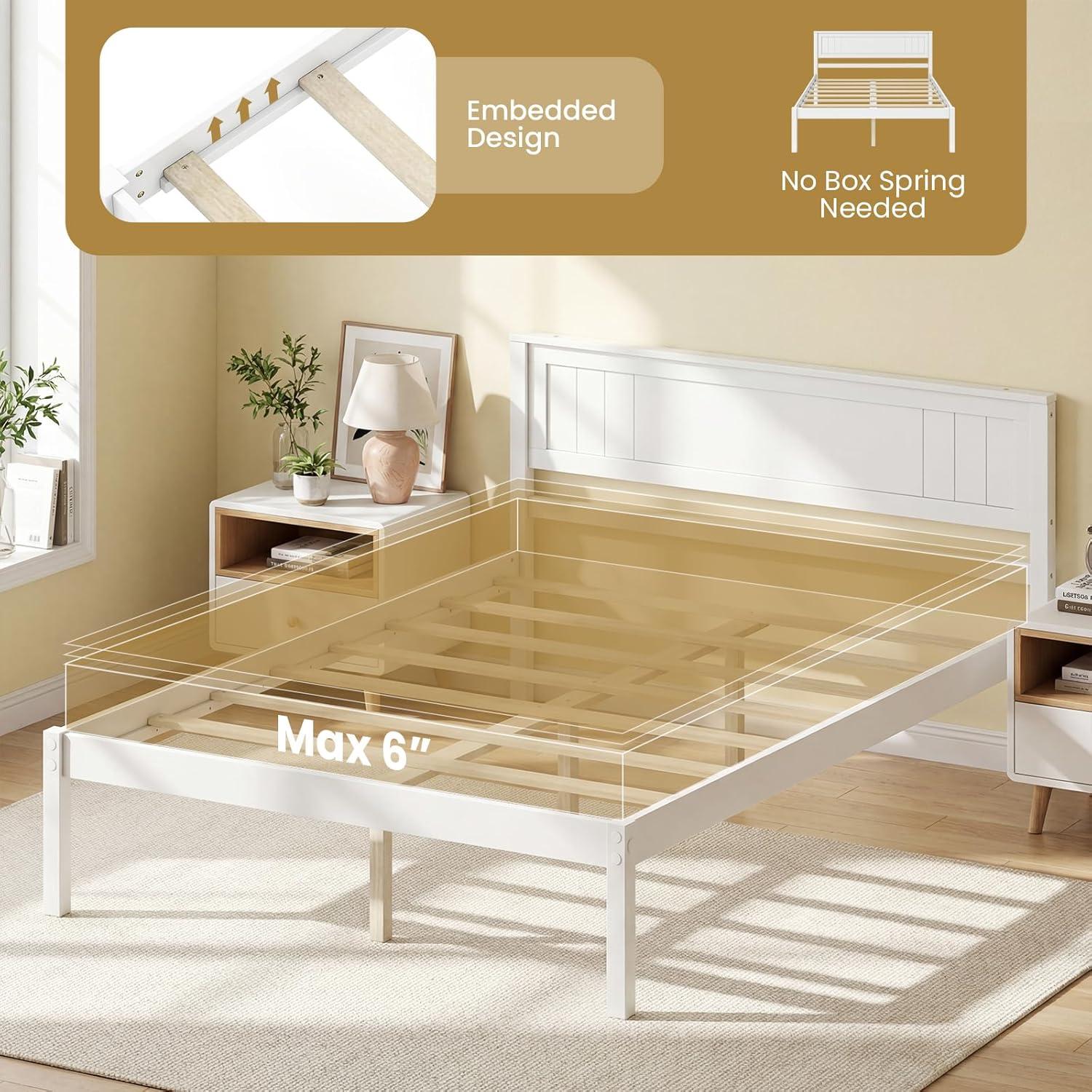image:imageGiantex Full Size Wood Platform Bed with Headboard Mid Century Solid Wood Full Bed with Slat Support Double Bed Frame with 16 Under Bed Storage No Box Spring Needed Easy Assembly WalnutFull
