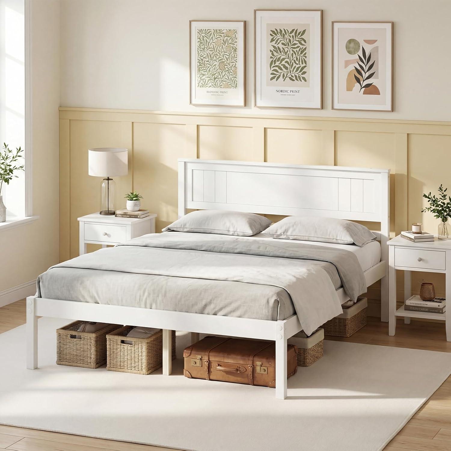 image:imageGiantex Full Size Wood Platform Bed with Headboard Mid Century Solid Wood Full Bed with Slat Support Double Bed Frame with 16 Under Bed Storage No Box Spring Needed Easy Assembly WalnutFull