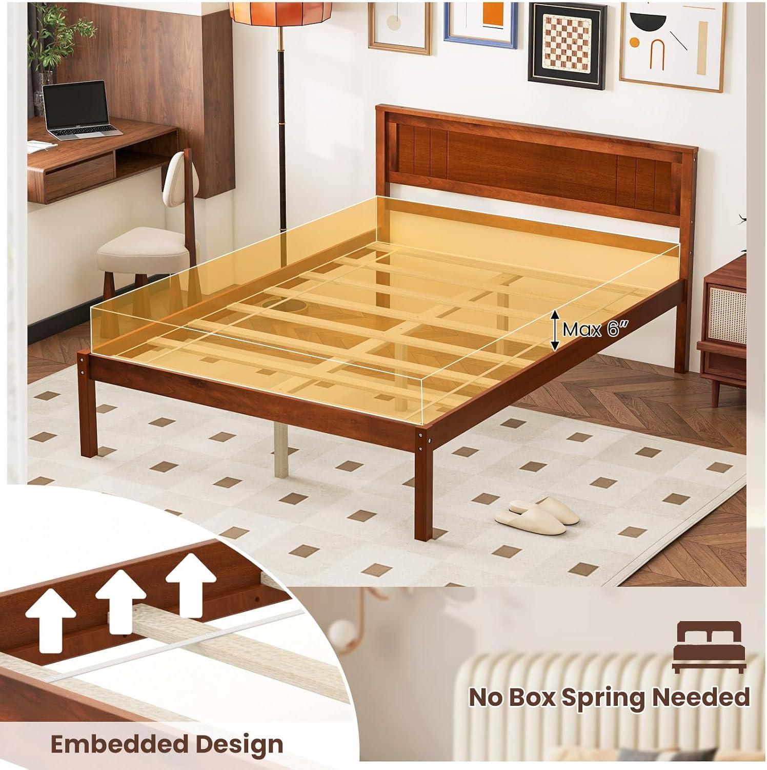 image:imageGiantex Full Size Wood Platform Bed with Headboard Mid Century Solid Wood Full Bed with Slat Support Double Bed Frame with 16 Under Bed Storage No Box Spring Needed Easy Assembly WalnutFull