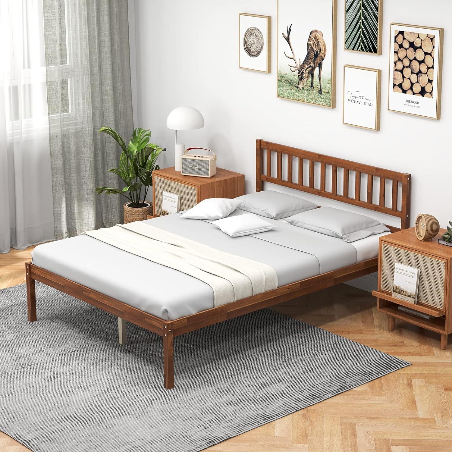 image:imageGiantex Full Size Wood Platform Bed with Headboard Mid Century Solid Wood Full Bed with Slat Support Double Bed Frame with 16 Under Bed Storage No Box Spring Needed Easy Assembly WalnutFull