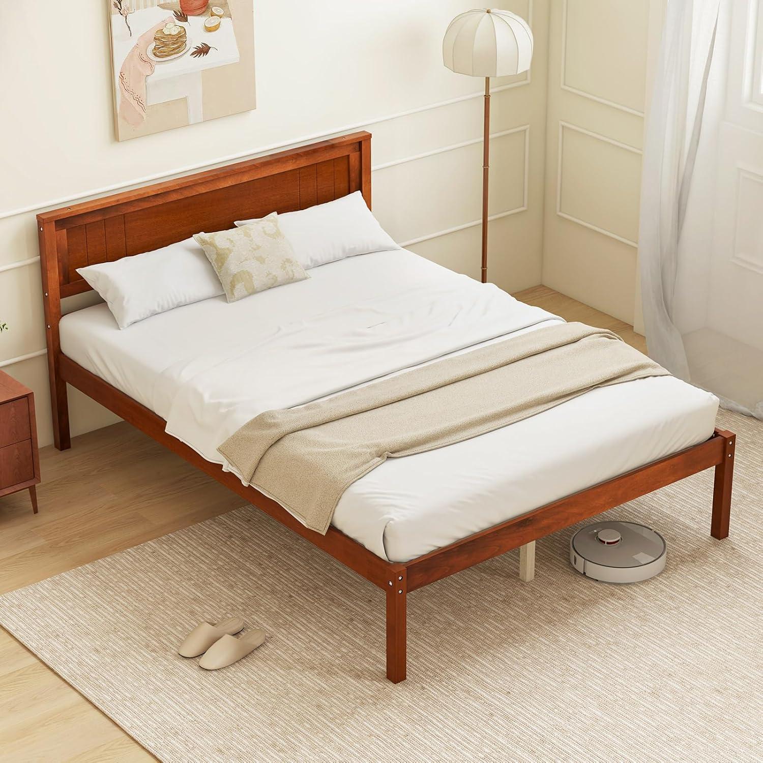 image:imageGiantex Full Size Wood Platform Bed with Headboard Mid Century Solid Wood Full Bed with Slat Support Double Bed Frame with 16 Under Bed Storage No Box Spring Needed Easy Assembly WalnutFull