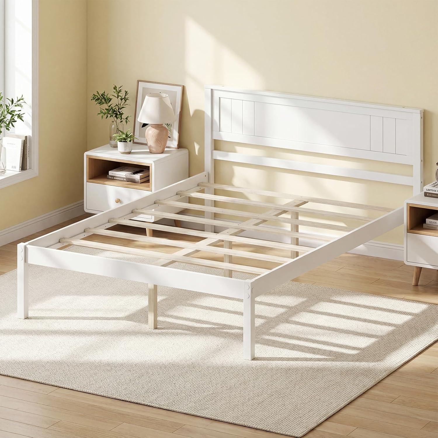 image:imageGiantex Full Size Wood Platform Bed with Headboard Mid Century Solid Wood Full Bed with Slat Support Double Bed Frame with 16 Under Bed Storage No Box Spring Needed Easy Assembly WalnutFull