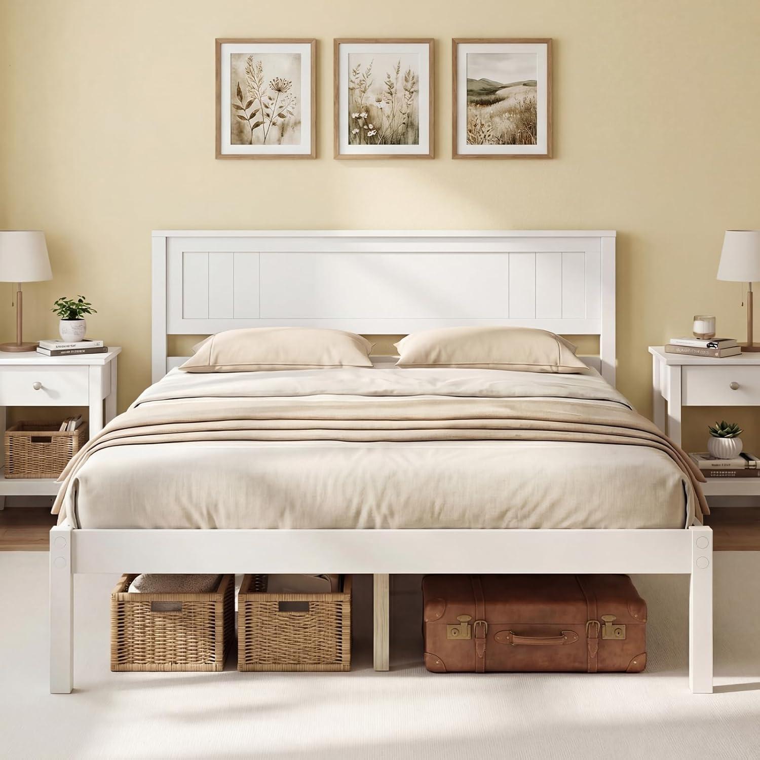 image:imageGiantex Full Size Wood Platform Bed with Headboard Mid Century Solid Wood Full Bed with Slat Support Double Bed Frame with 16 Under Bed Storage No Box Spring Needed Easy Assembly WalnutFull