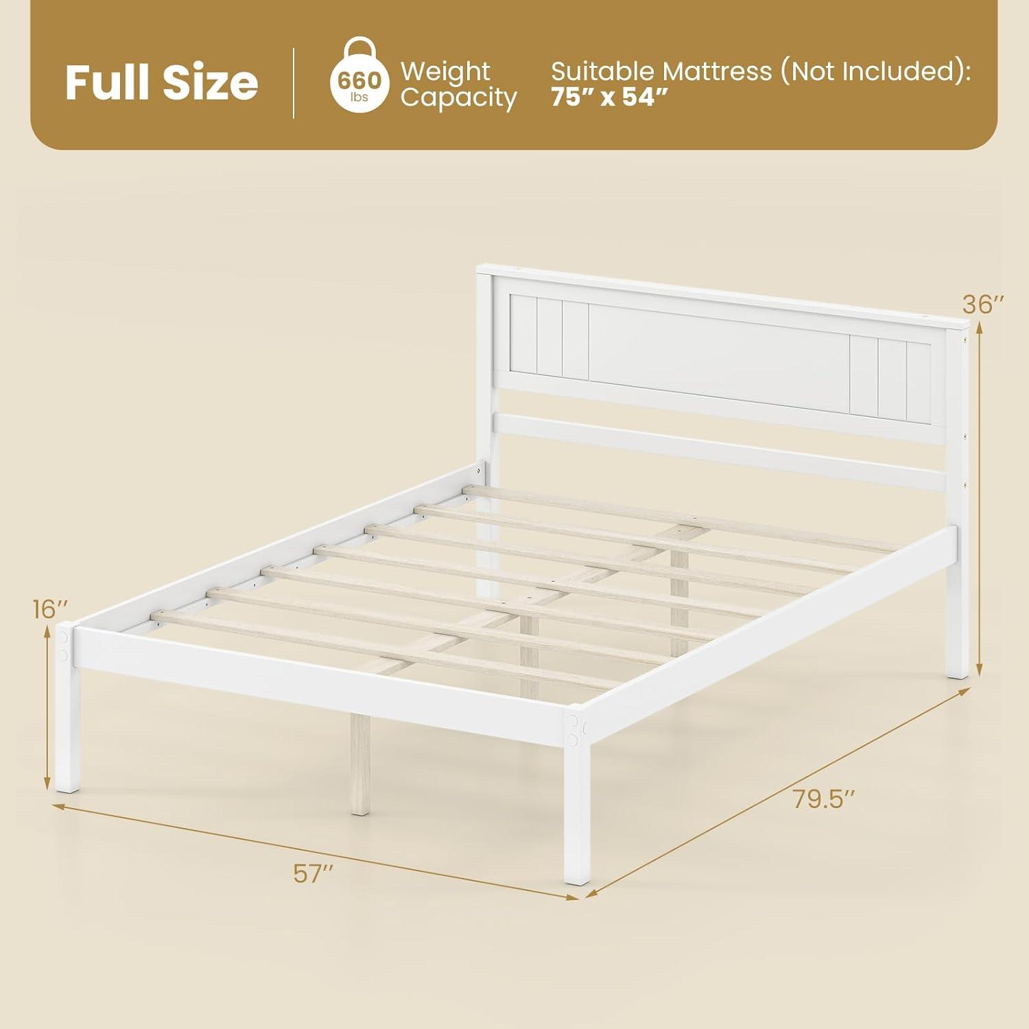 image:imageGiantex Full Size Wood Platform Bed with Headboard Mid Century Solid Wood Full Bed with Slat Support Double Bed Frame with 16 Under Bed Storage No Box Spring Needed Easy Assembly WalnutFull
