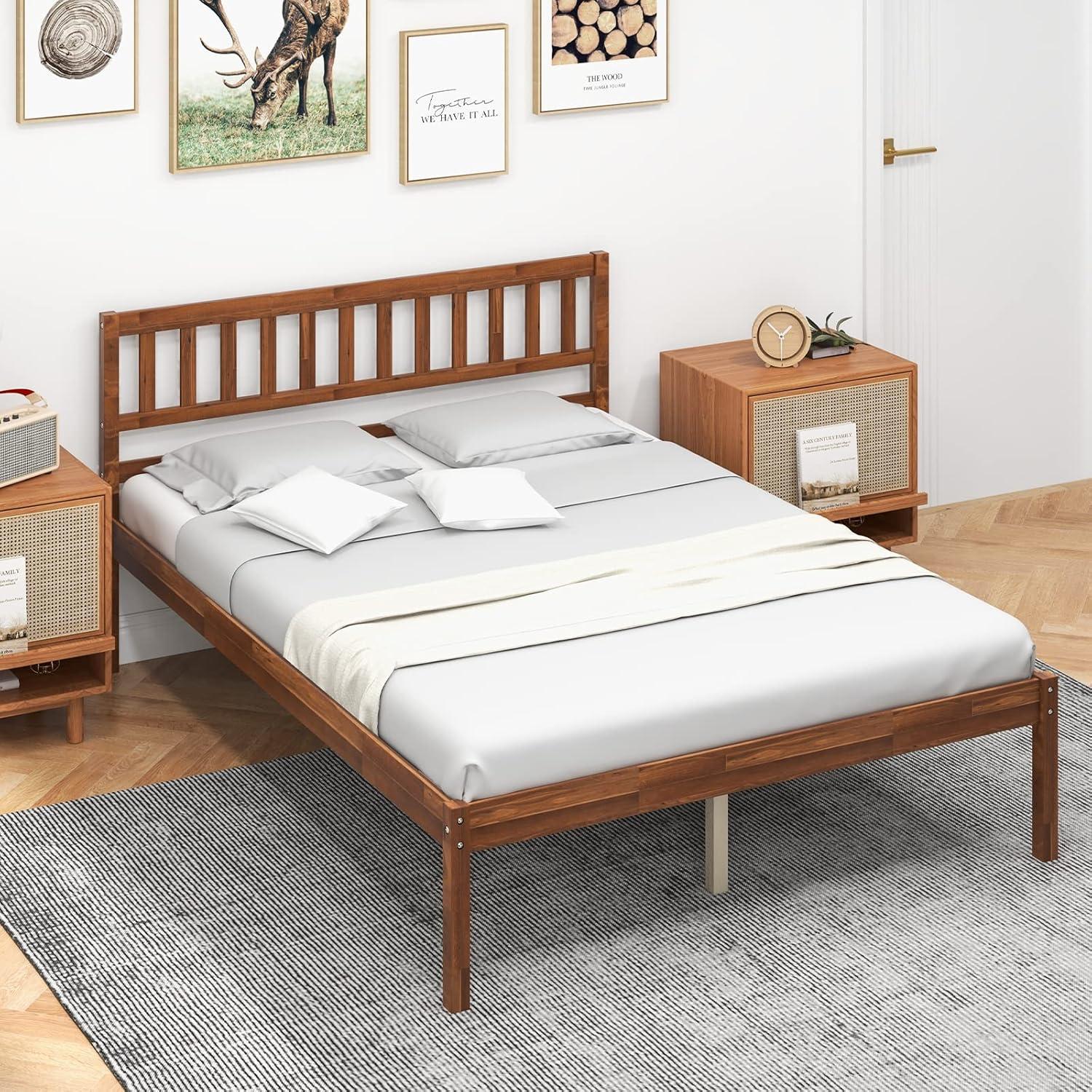 image:imageGiantex Full Size Wood Platform Bed with Headboard Mid Century Solid Wood Full Bed with Slat Support Double Bed Frame with 16 Under Bed Storage No Box Spring Needed Easy Assembly WalnutFull