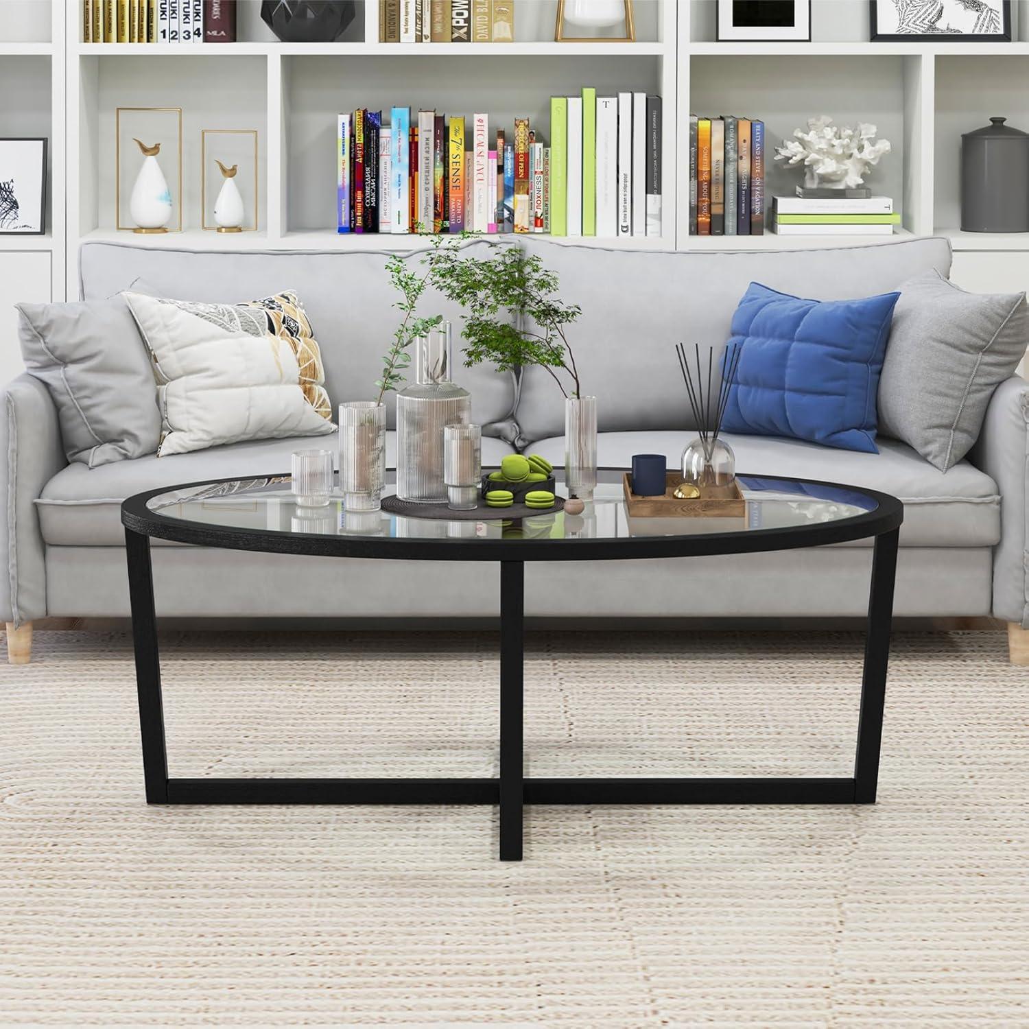 image:imageGiantex Glass Coffee Table 465 Oval Accent Sofa Tea Table with Tempered Glass Top Cross Base amp Acacia Wood Legs Simple Modern Cocktail Center Table for Living Room Home Office Black