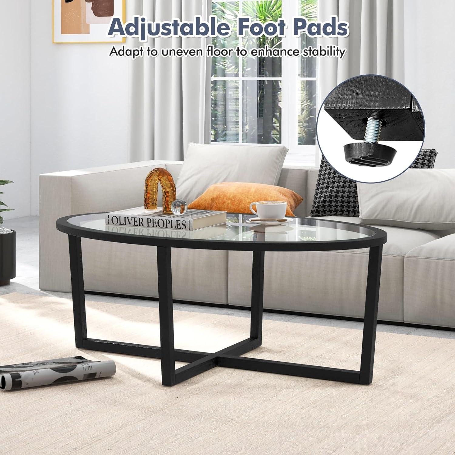 image:imageGiantex Glass Coffee Table 465 Oval Accent Sofa Tea Table with Tempered Glass Top Cross Base amp Acacia Wood Legs Simple Modern Cocktail Center Table for Living Room Home Office Black