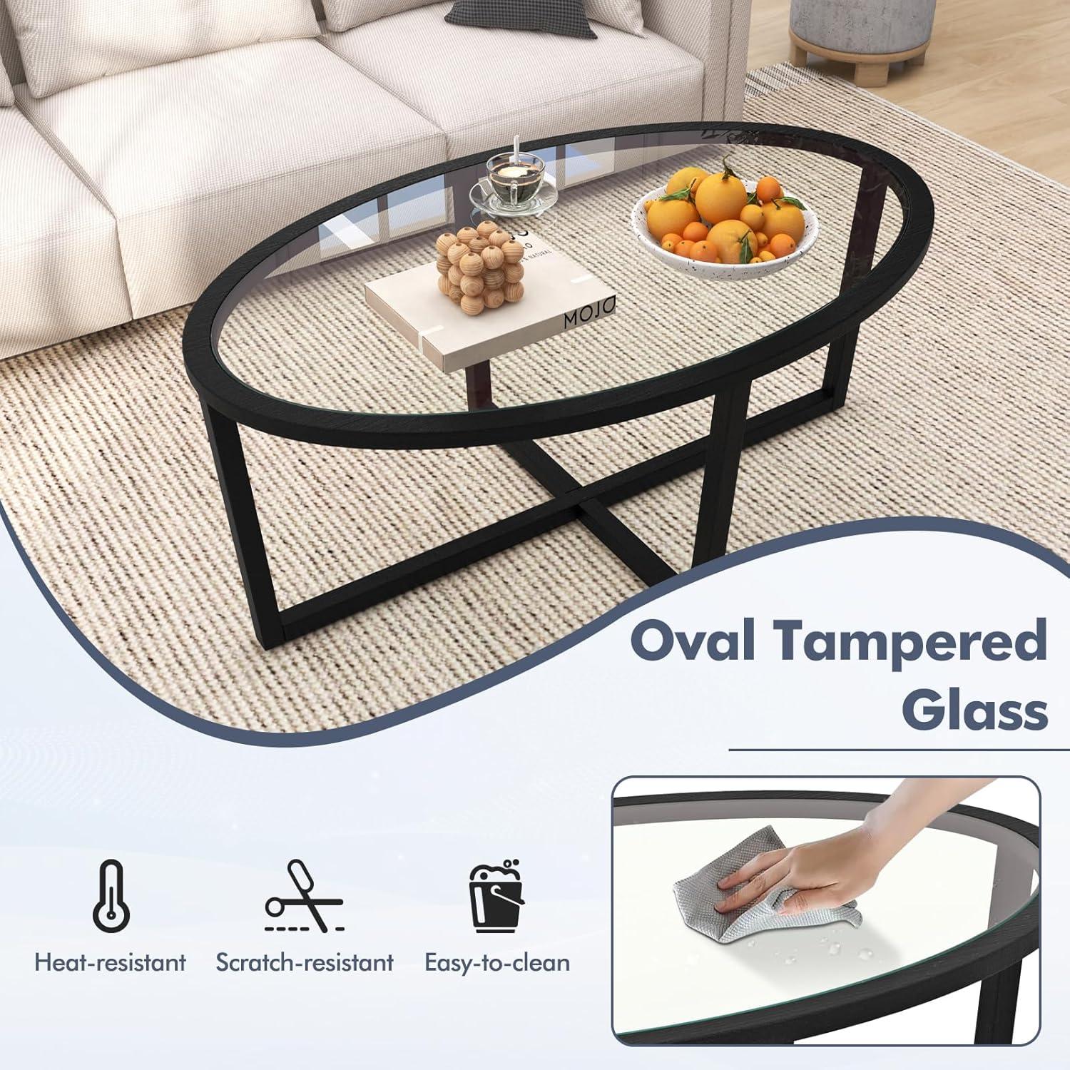 image:imageGiantex Glass Coffee Table 465 Oval Accent Sofa Tea Table with Tempered Glass Top Cross Base amp Acacia Wood Legs Simple Modern Cocktail Center Table for Living Room Home Office Black
