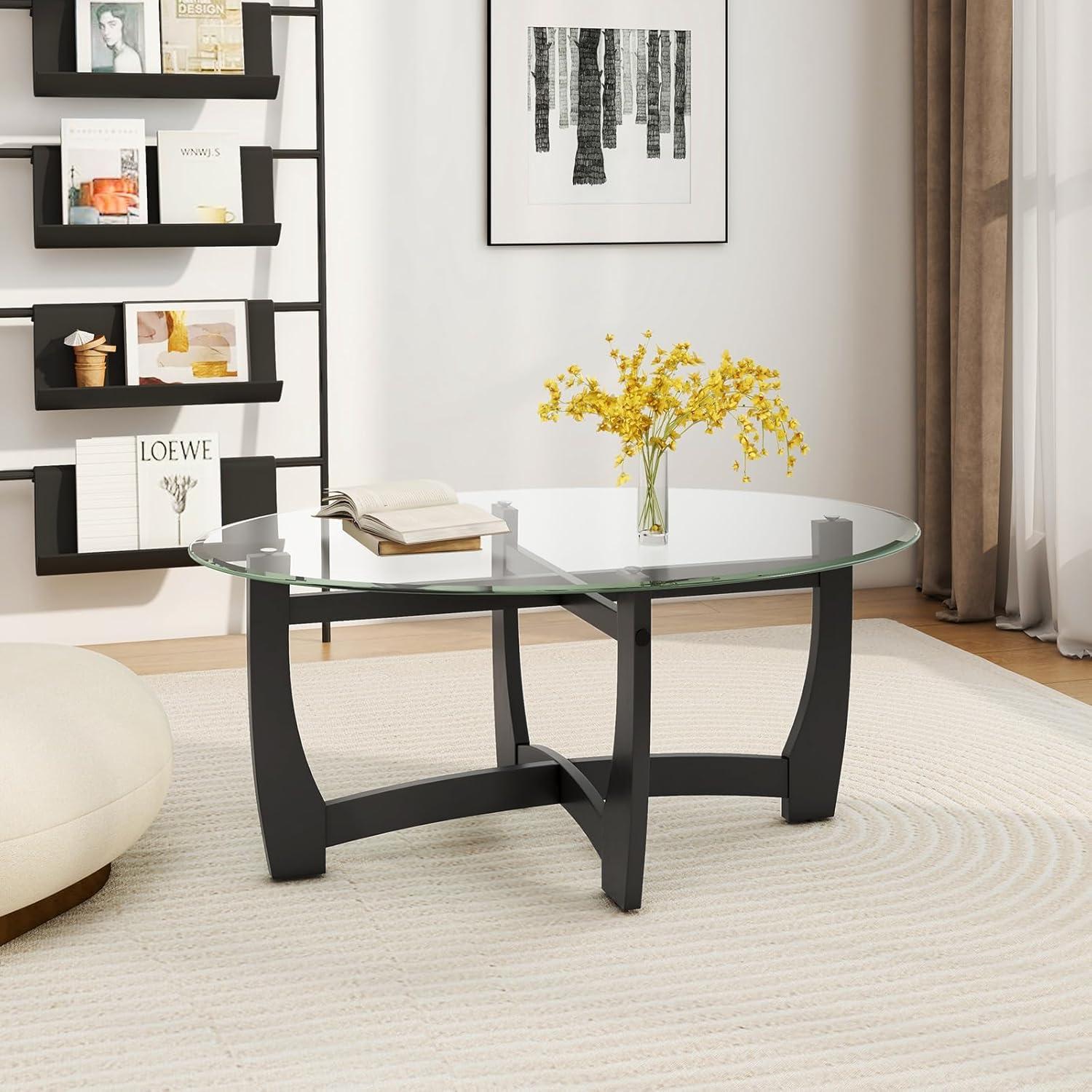 image:imageGiantex Glass Coffee Table 48 Oval Accent Tea Table with Tempered Glass Top amp Solid Wood Structure Simple Modern Cocktail Table Center Table for Living Room Reception Room Home Office Black