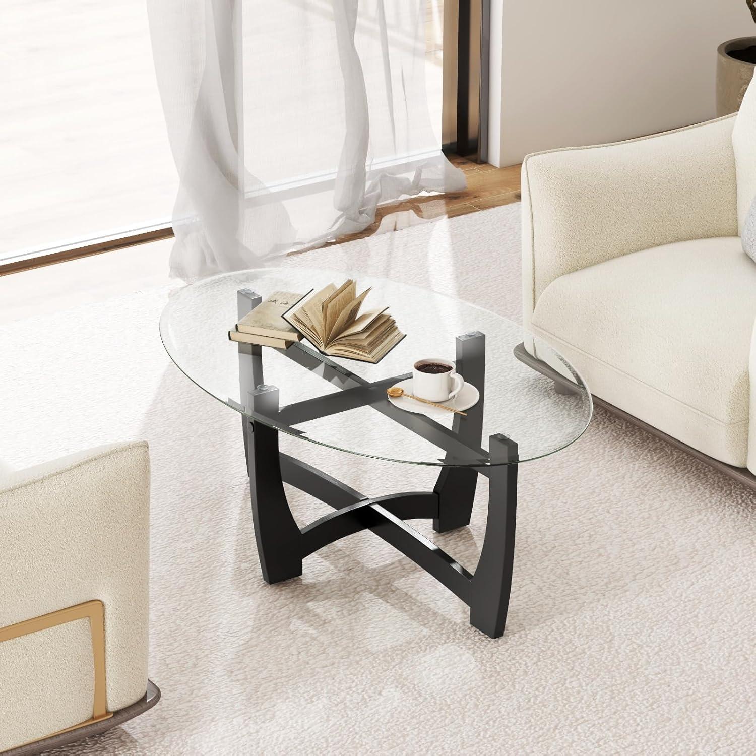 image:imageGiantex Glass Coffee Table 48 Oval Accent Tea Table with Tempered Glass Top amp Solid Wood Structure Simple Modern Cocktail Table Center Table for Living Room Reception Room Home Office Black