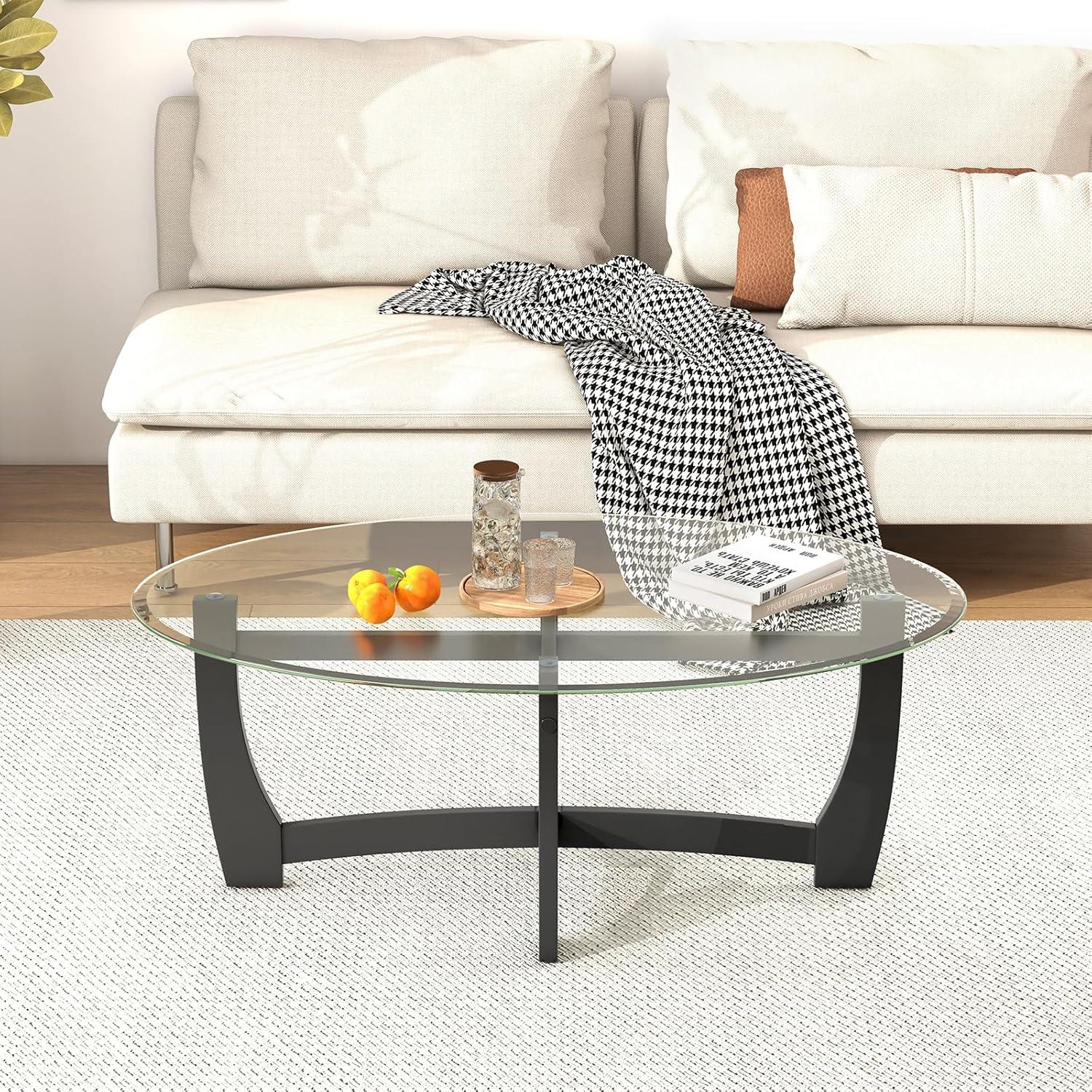 image:imageGiantex Glass Coffee Table 48 Oval Accent Tea Table with Tempered Glass Top amp Solid Wood Structure Simple Modern Cocktail Table Center Table for Living Room Reception Room Home Office Black