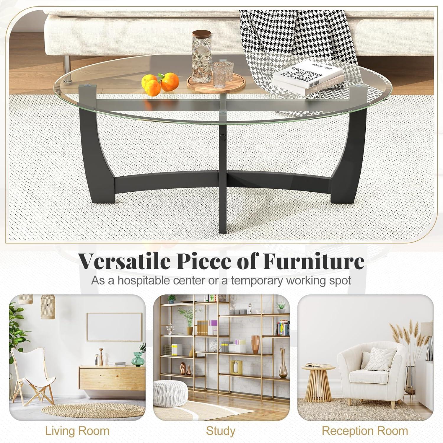 image:imageGiantex Glass Coffee Table 48 Oval Accent Tea Table with Tempered Glass Top amp Solid Wood Structure Simple Modern Cocktail Table Center Table for Living Room Reception Room Home Office Black