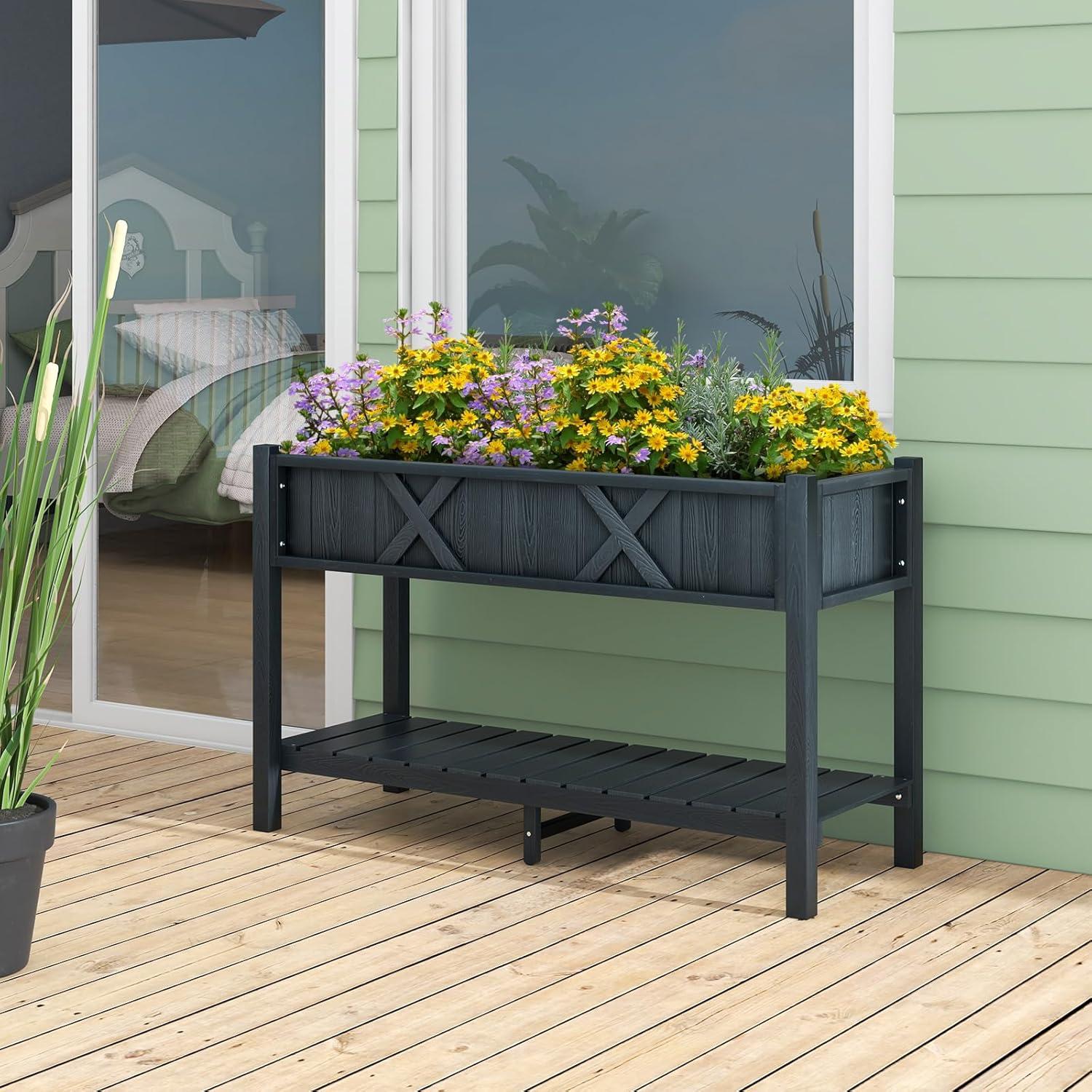 image:imageGiantex HIPS Raised Garden Bed Elevated Planter Box wLegs Storage Shelf Drainage Holes WeatherProof Standing Raised Beds for Backyard Porch Flower Herb Coffee 44 x 18 x 29Black