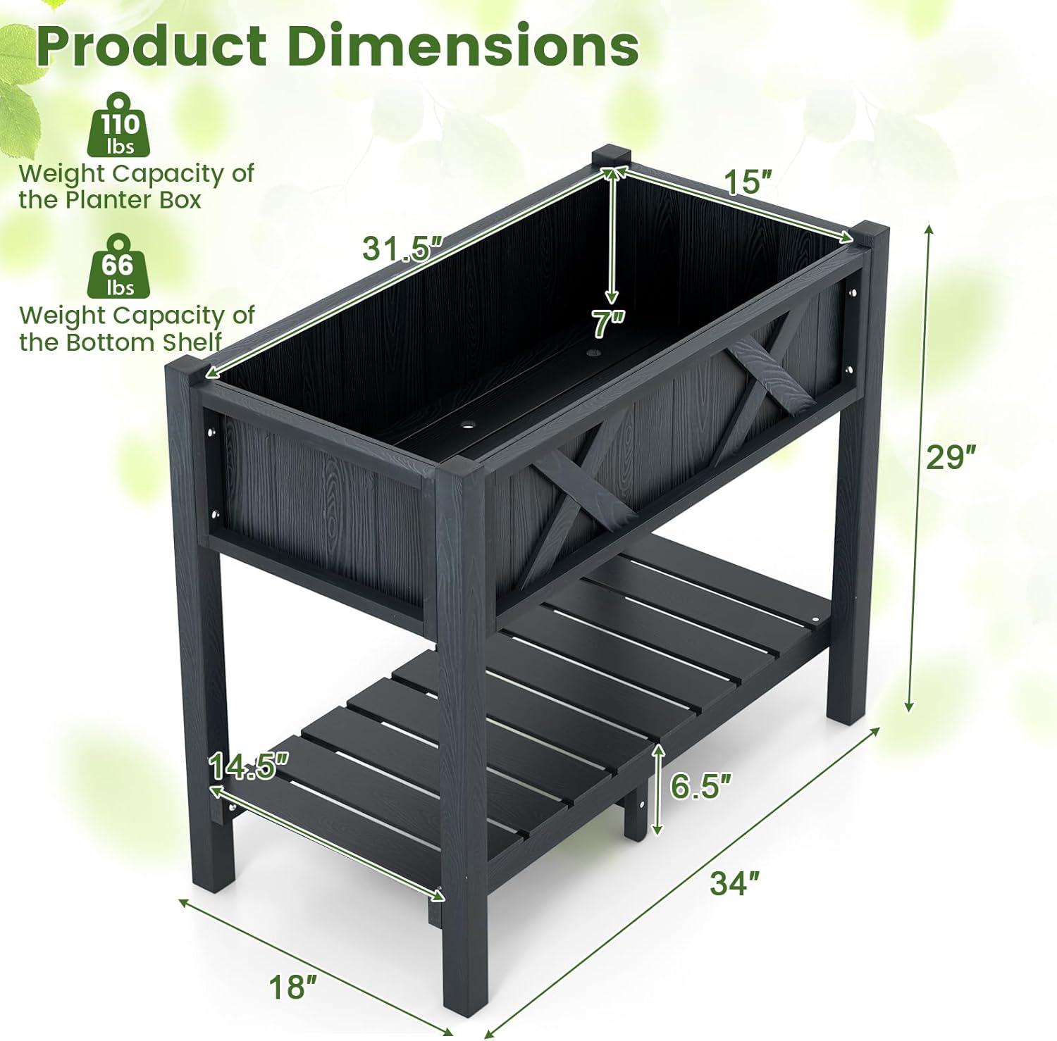 image:imageGiantex HIPS Raised Garden Bed Elevated Planter Box wLegs Storage Shelf Drainage Holes WeatherProof Standing Raised Beds for Backyard Porch Flower Herb Coffee 44 x 18 x 29Black