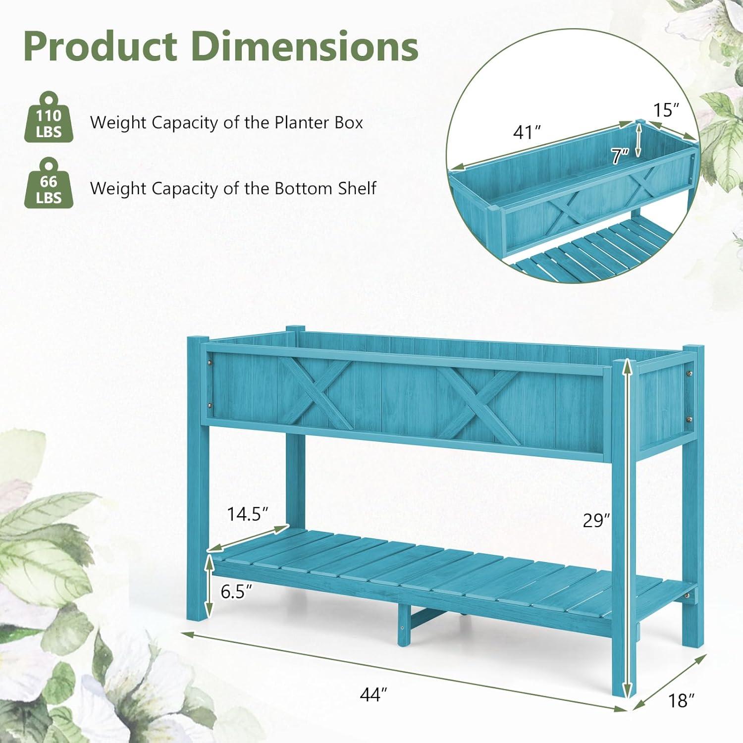 image:imageGiantex HIPS Raised Garden Bed Elevated Planter Box wLegs Storage Shelf Drainage Holes WeatherProof Standing Raised Beds for Backyard Porch Flower Herb Coffee 44 x 18 x 29Blue