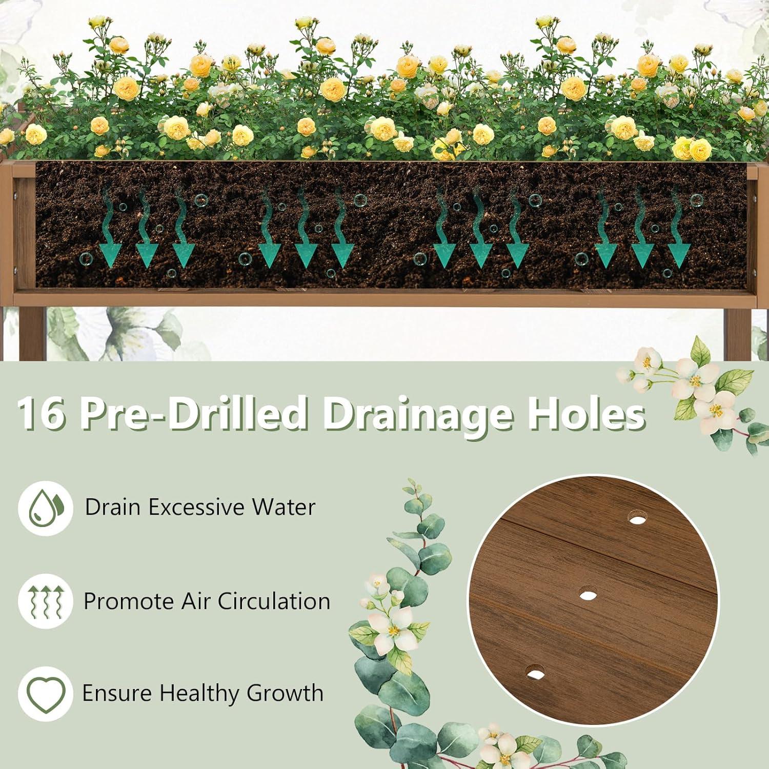 image:imageGiantex HIPS Raised Garden Bed Elevated Planter Box wLegs Storage Shelf Drainage Holes WeatherProof Standing Raised Beds for Backyard Porch Flower Herb Coffee 44 x 18 x 29Coffee