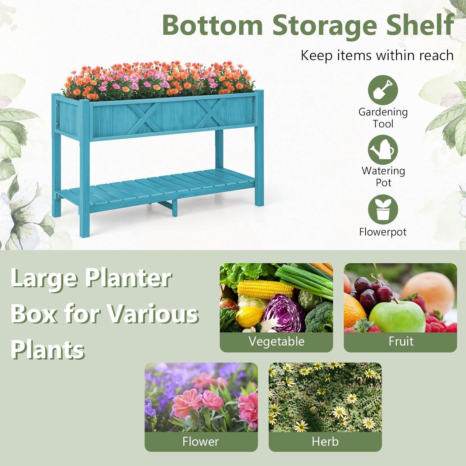 image:imageGiantex HIPS Raised Garden Bed Elevated Planter Box wLegs Storage Shelf Drainage Holes WeatherProof Standing Raised Beds for Backyard Porch Flower Herb Coffee 44 x 18 x 29Blue