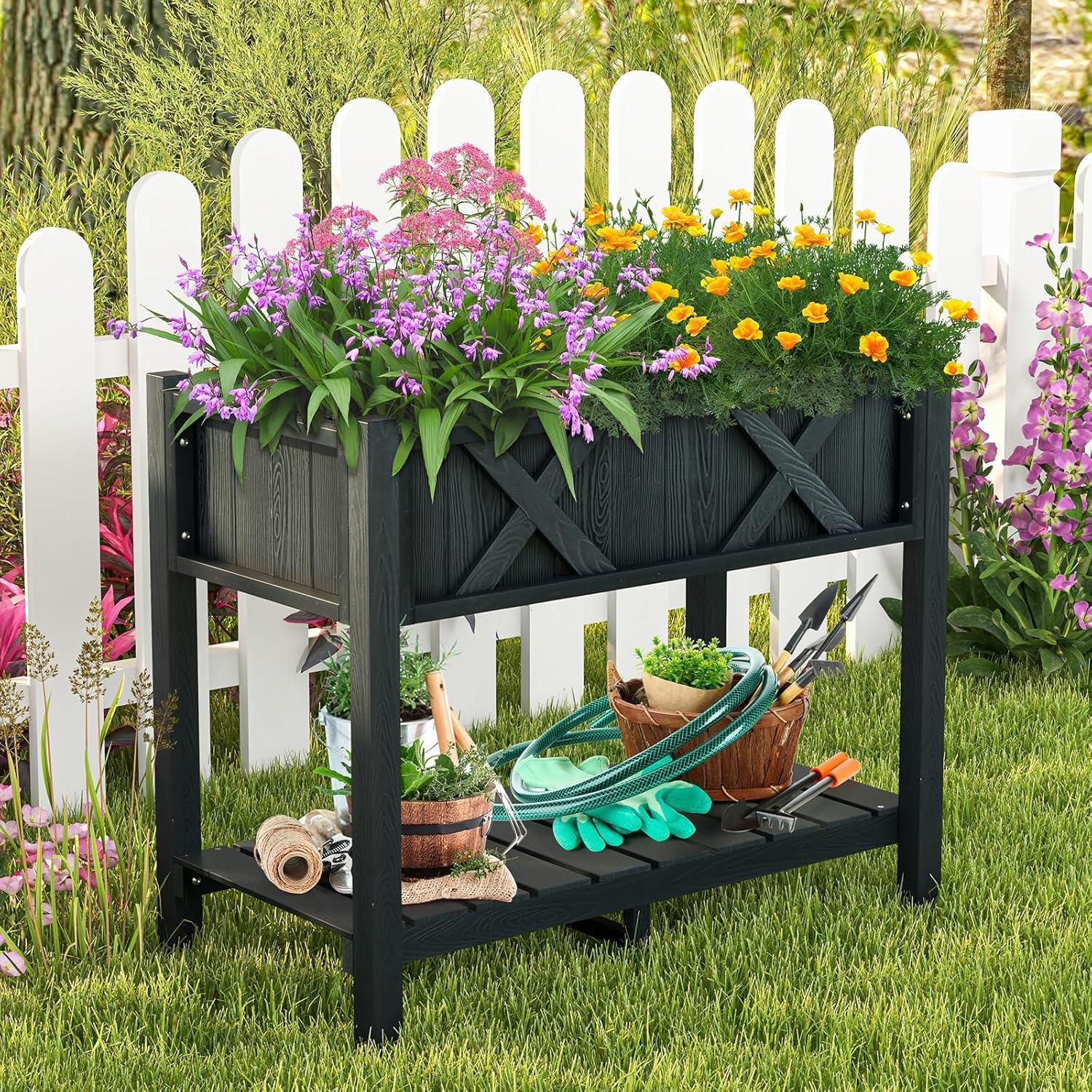 image:imageGiantex HIPS Raised Garden Bed Elevated Planter Box wLegs Storage Shelf Drainage Holes WeatherProof Standing Raised Beds for Backyard Porch Flower Herb Coffee 44 x 18 x 29Black