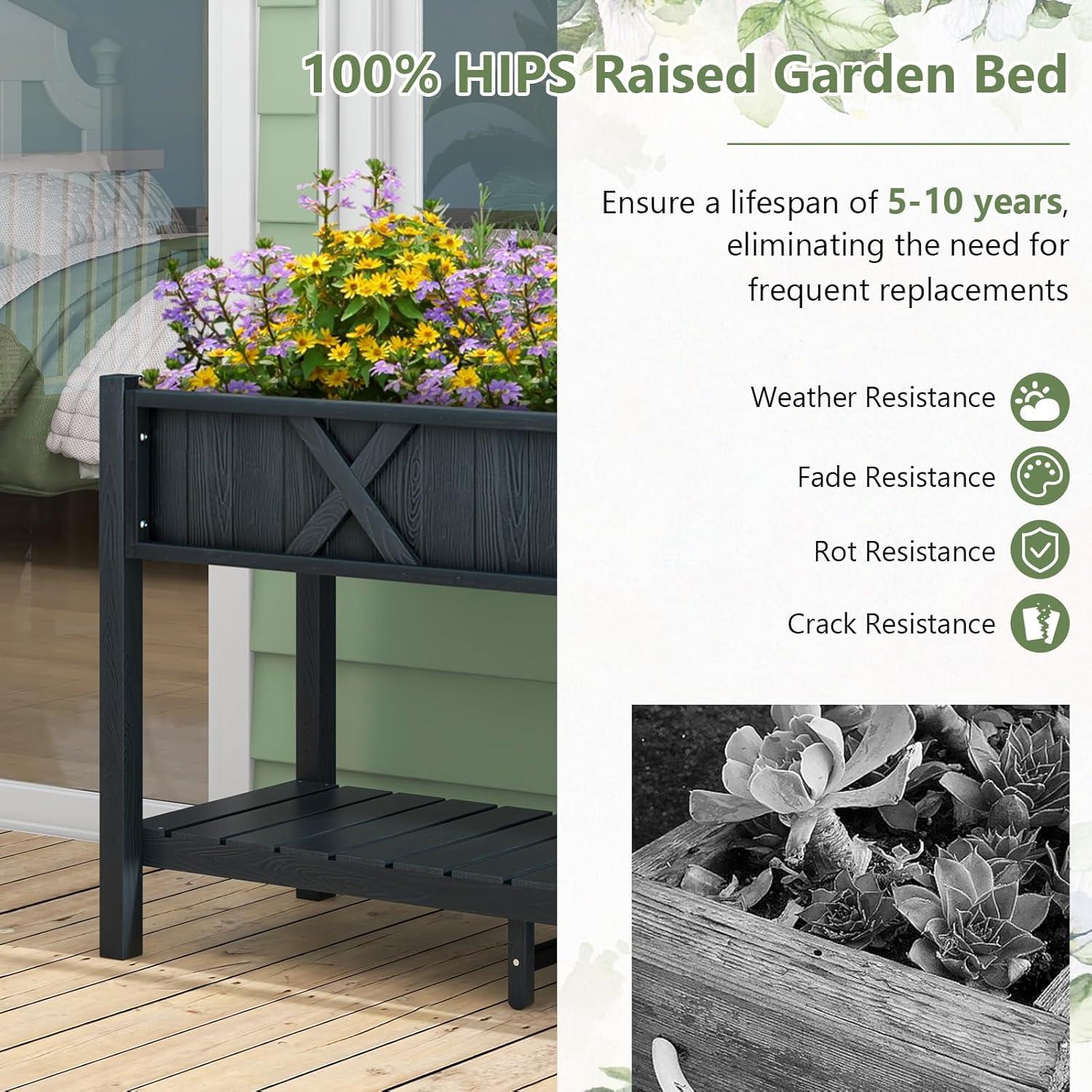 image:imageGiantex HIPS Raised Garden Bed Elevated Planter Box wLegs Storage Shelf Drainage Holes WeatherProof Standing Raised Beds for Backyard Porch Flower Herb Coffee 44 x 18 x 29Black