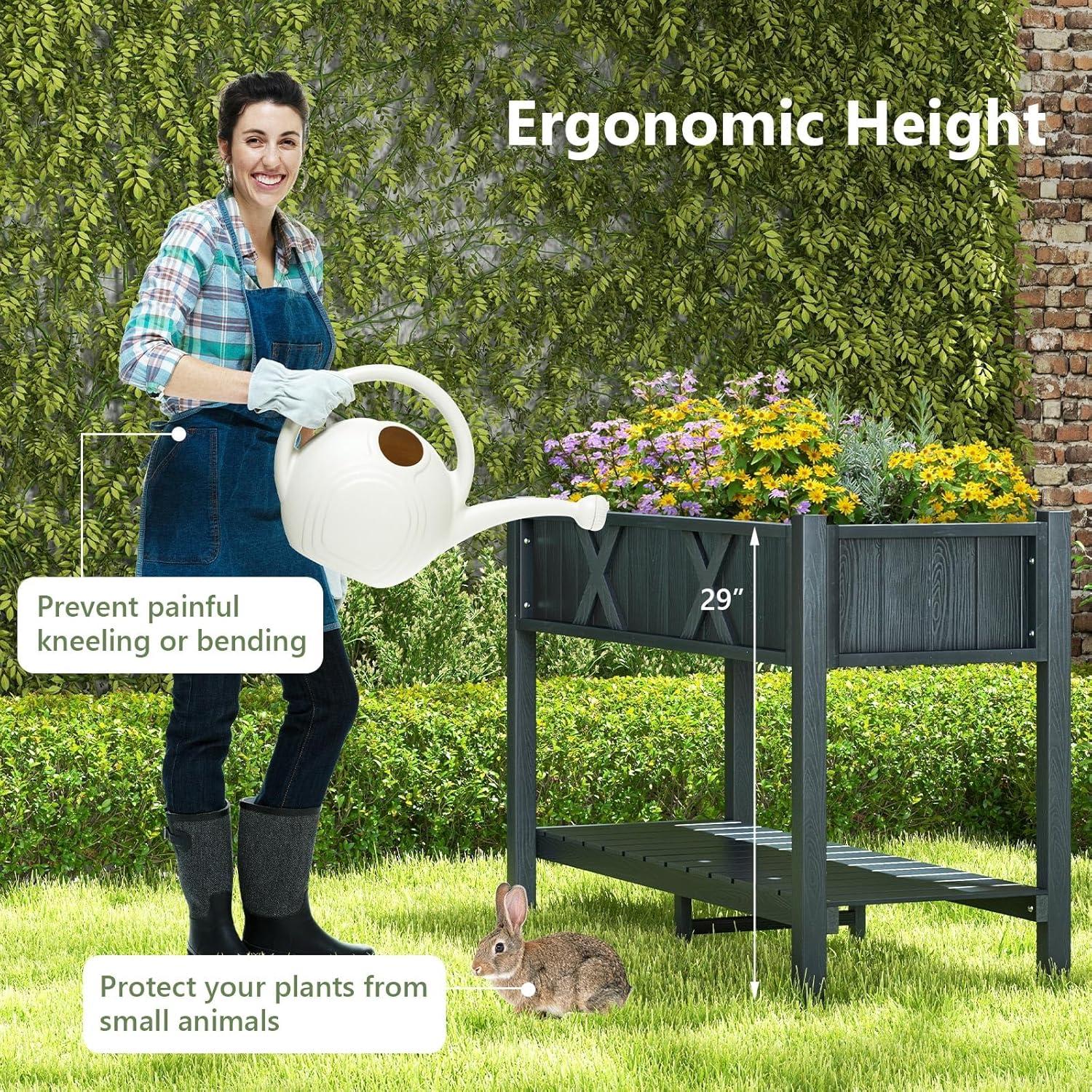 image:imageGiantex HIPS Raised Garden Bed Elevated Planter Box wLegs Storage Shelf Drainage Holes WeatherProof Standing Raised Beds for Backyard Porch Flower Herb Coffee 44 x 18 x 29Black