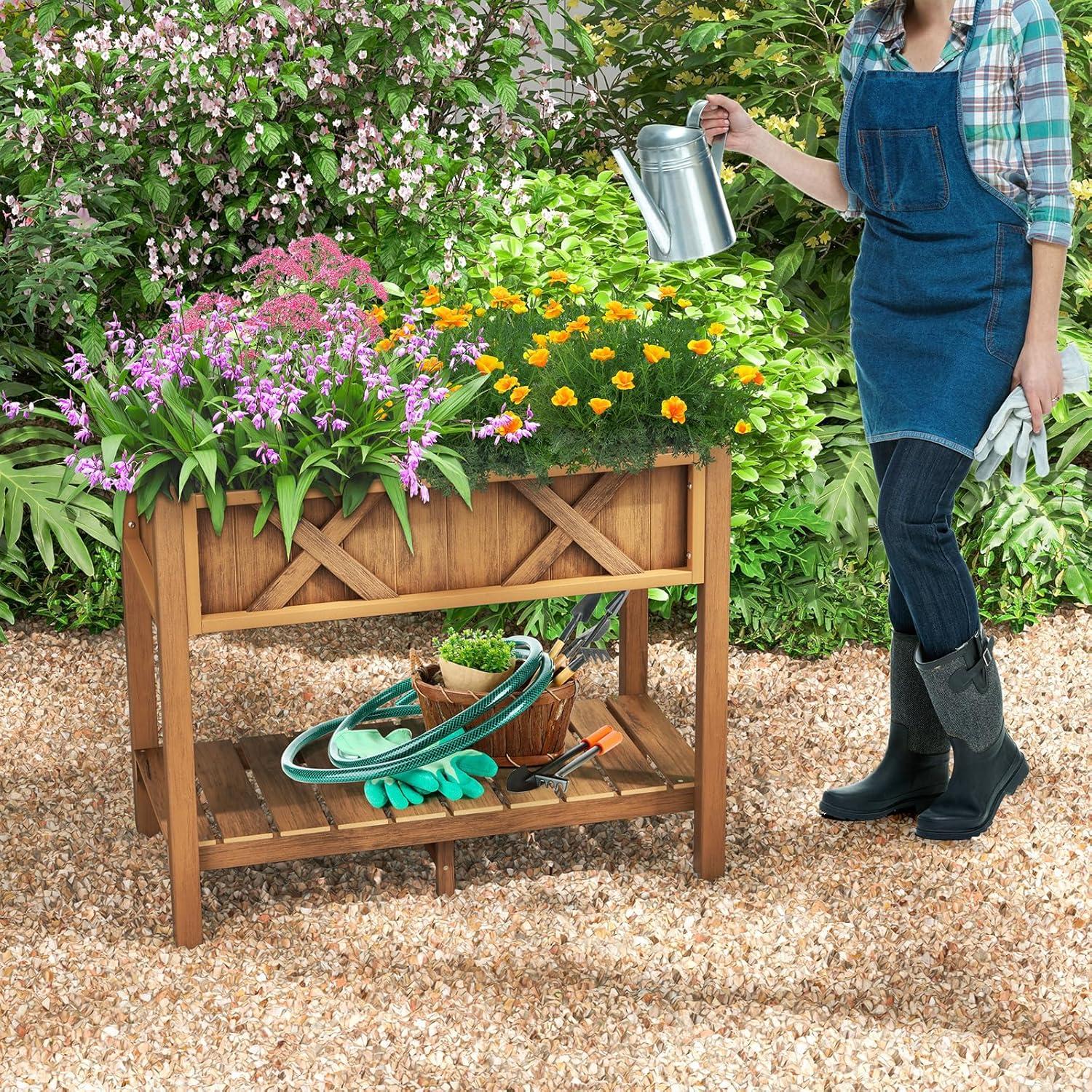 image:imageGiantex HIPS Raised Garden Bed Elevated Planter Box wLegs Storage Shelf Drainage Holes WeatherProof Standing Raised Beds for Backyard Porch Flower Herb Coffee 44 x 18 x 29Coffee