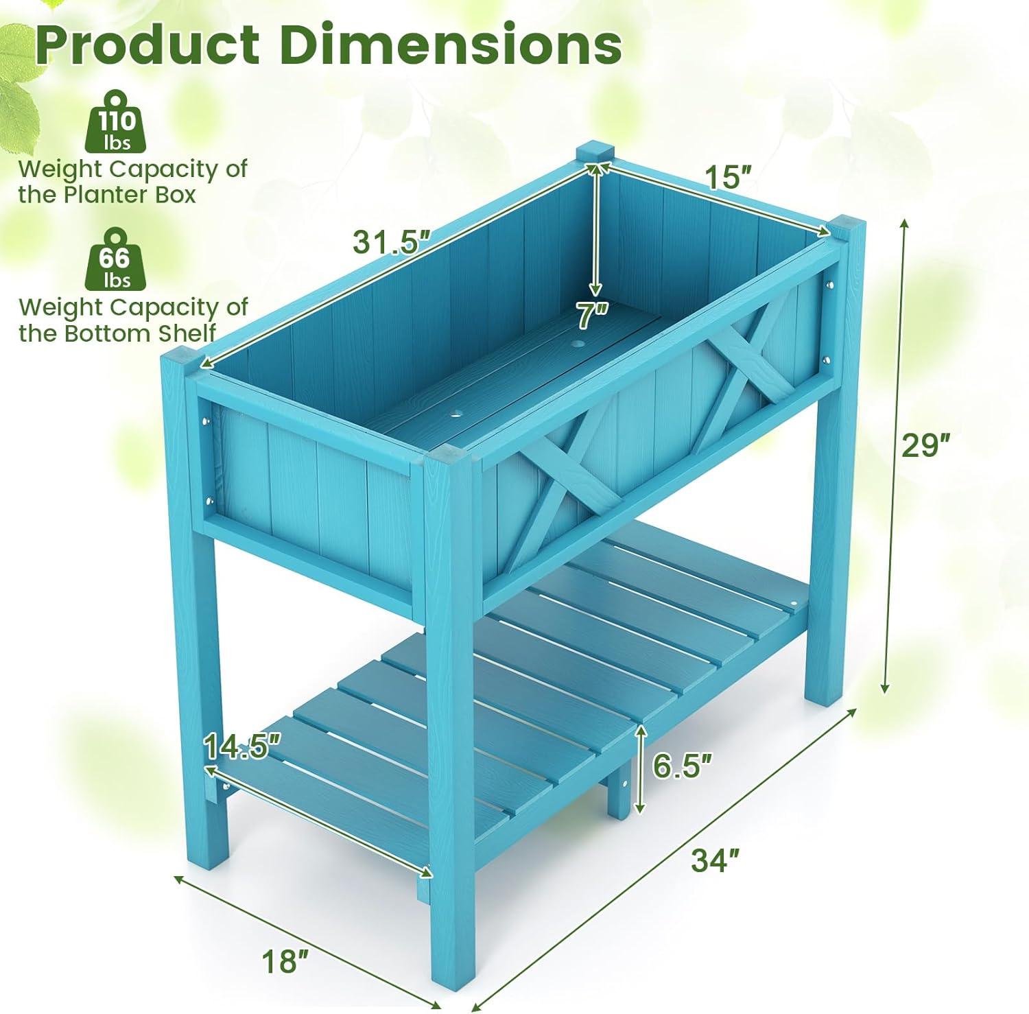 image:imageGiantex HIPS Raised Garden Bed Elevated Planter Box wLegs Storage Shelf Drainage Holes WeatherProof Standing Raised Beds for Backyard Porch Flower Herb Coffee 44 x 18 x 29Blue