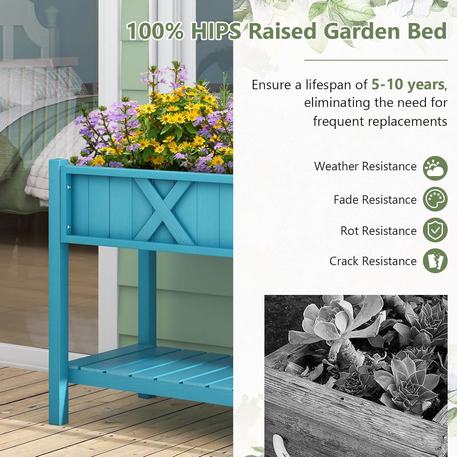 image:imageGiantex HIPS Raised Garden Bed Elevated Planter Box wLegs Storage Shelf Drainage Holes WeatherProof Standing Raised Beds for Backyard Porch Flower Herb Coffee 44 x 18 x 29Blue