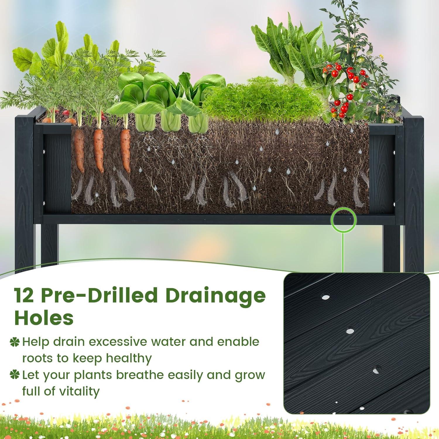 image:imageGiantex HIPS Raised Garden Bed Elevated Planter Box wLegs Storage Shelf Drainage Holes WeatherProof Standing Raised Beds for Backyard Porch Flower Herb Coffee 44 x 18 x 29Black